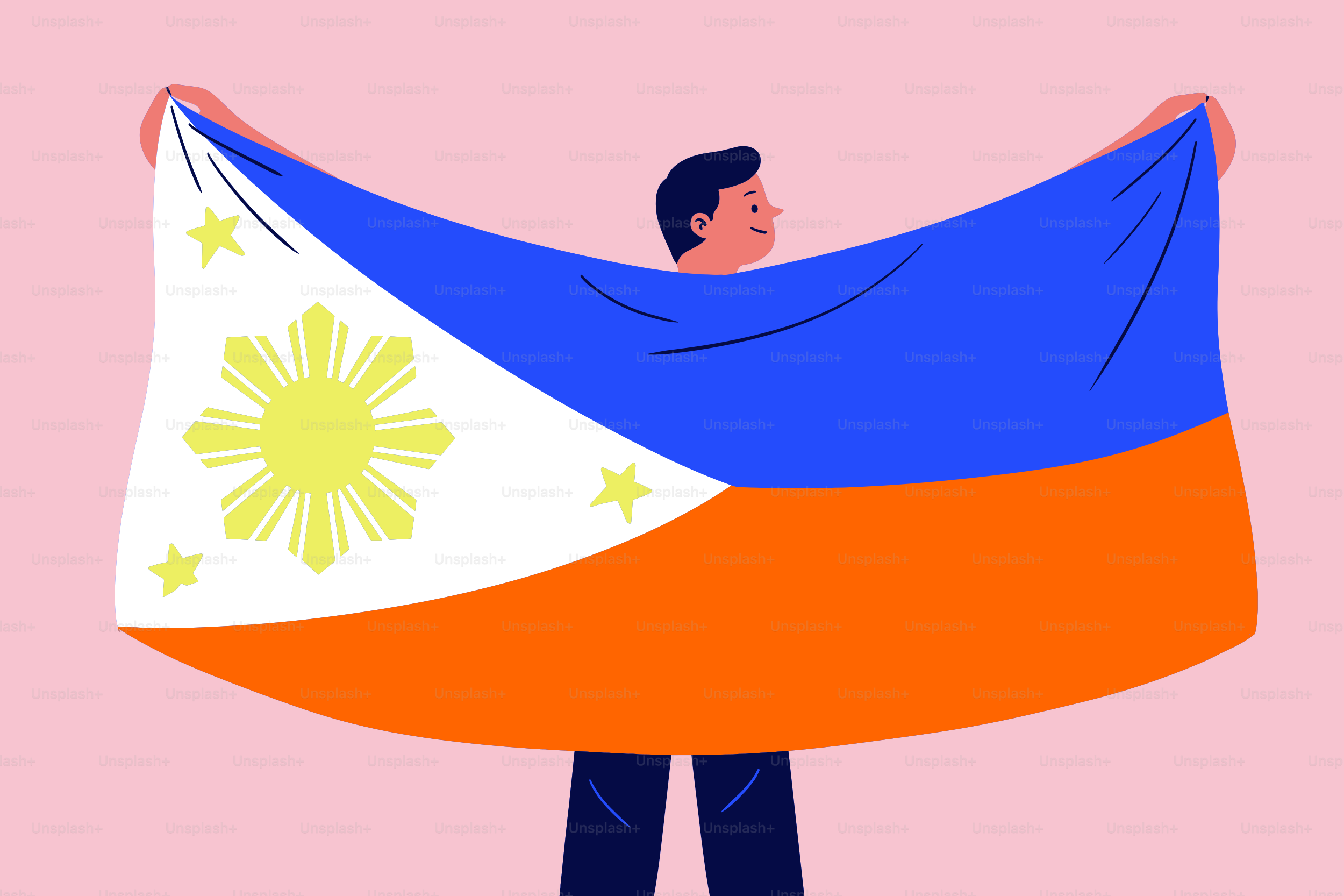 Man proudly holding large philippine flag illustration