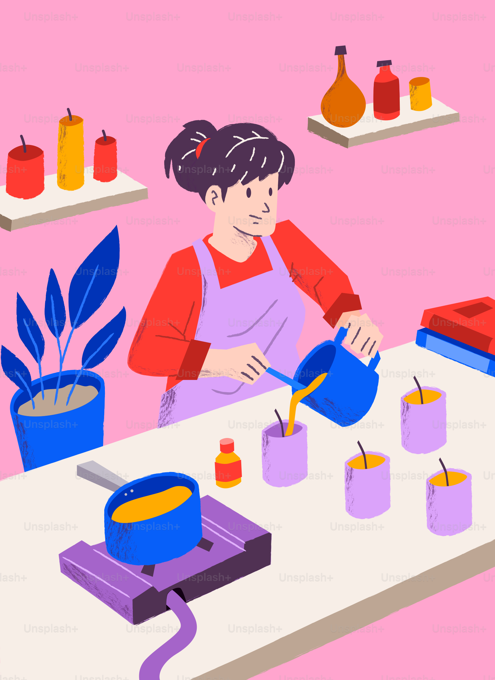 Woman pouring melted wax into candle containers