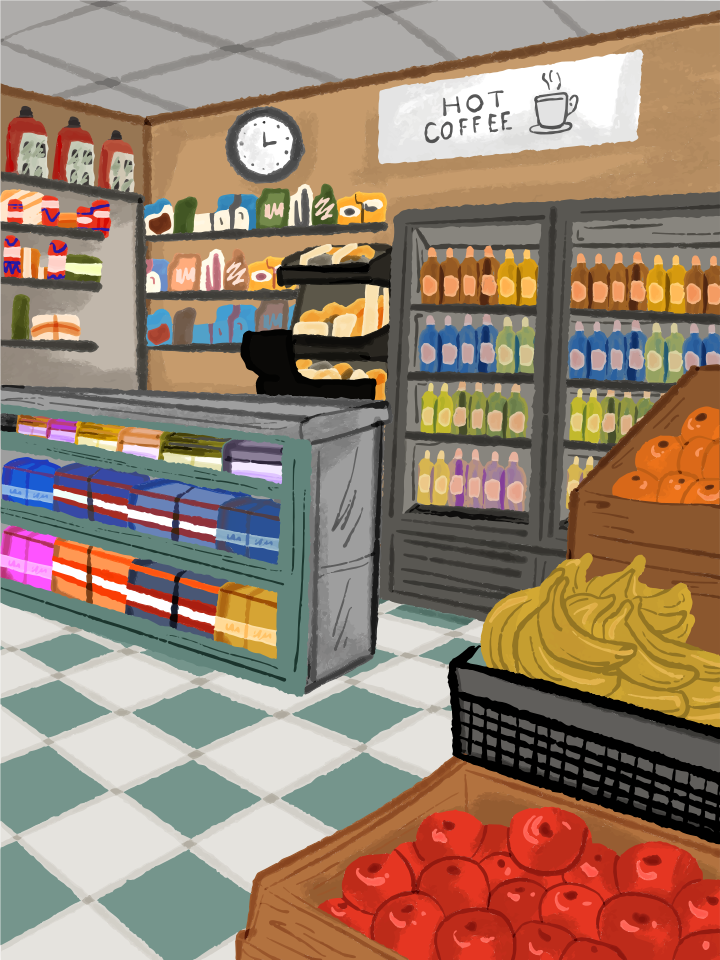 Intérieur de supérette avec des étagères de produits et de fruits frais
