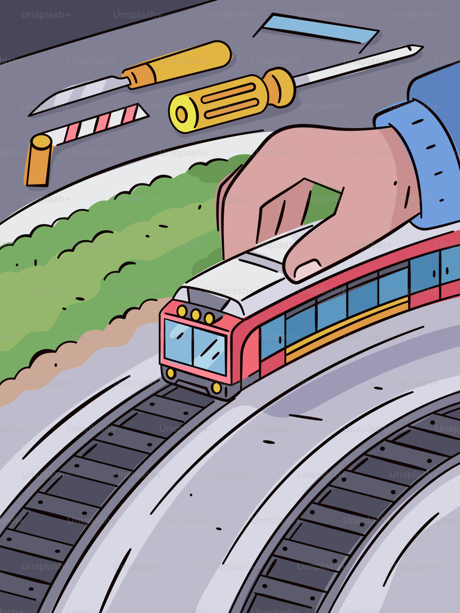 Poser à la main un train jouet rouge sur des rails miniatures