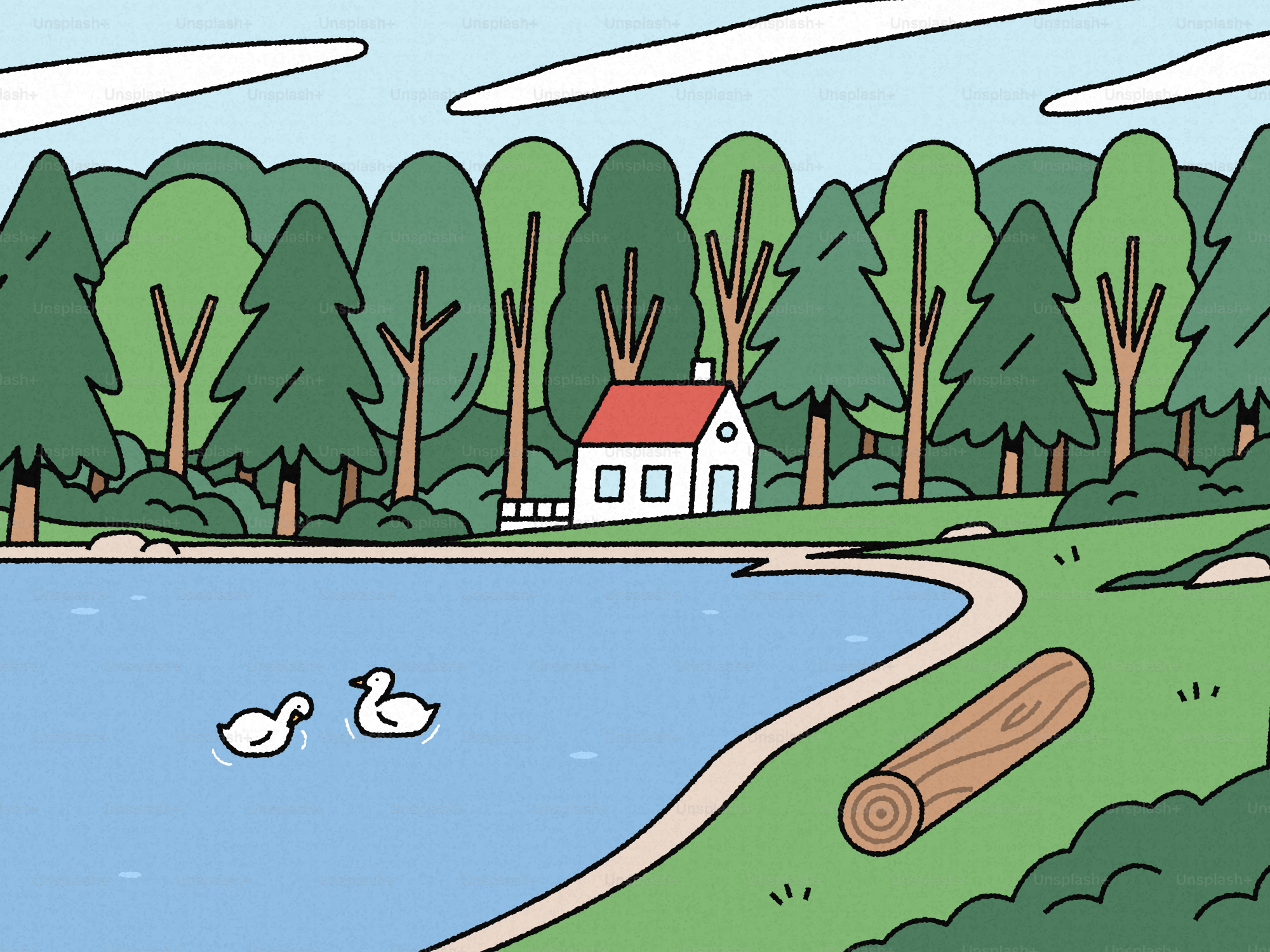 Casa à beira do lago com patos e árvores verdes