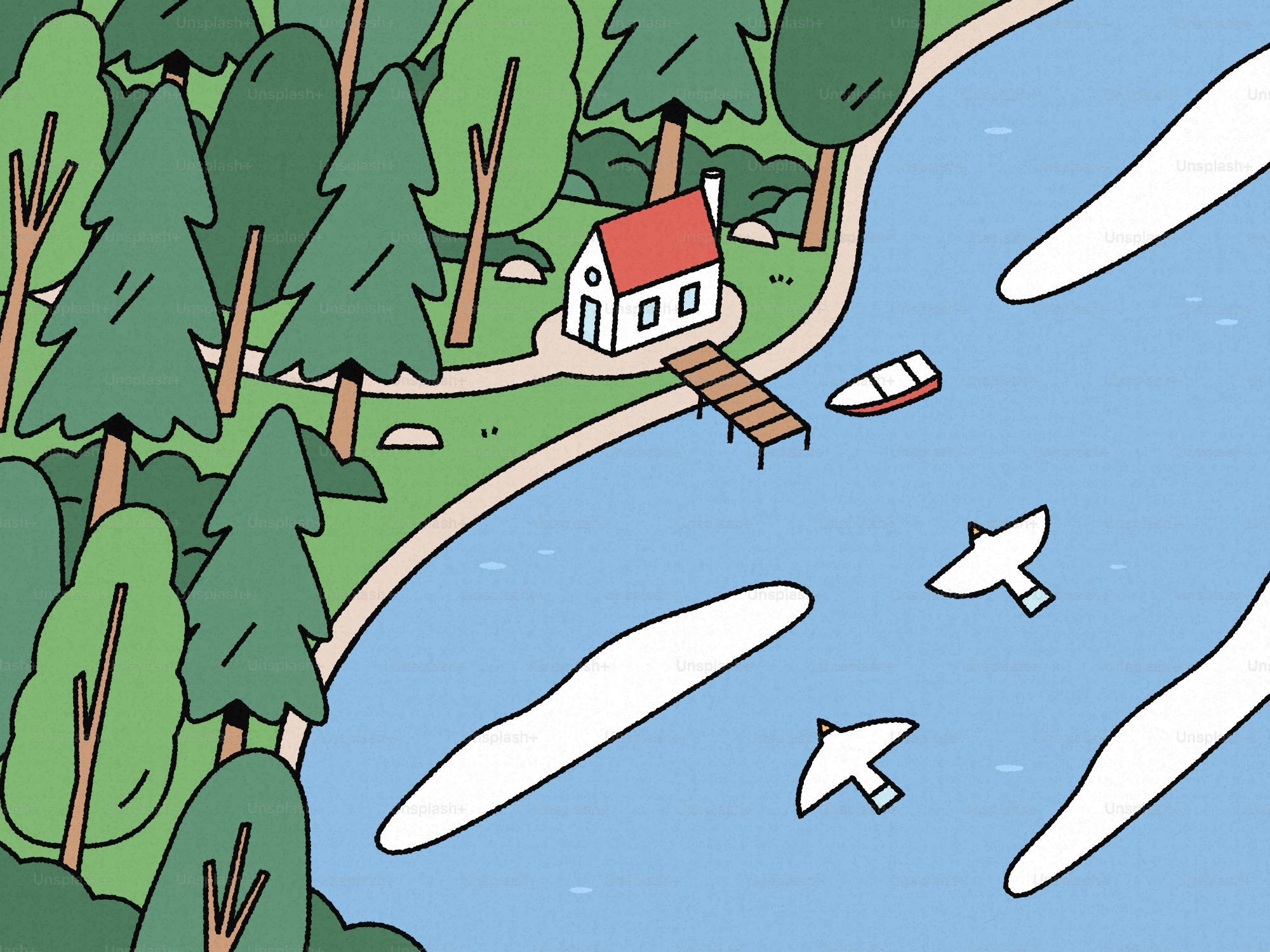 Casa à beira do lago com cais e barco na floresta