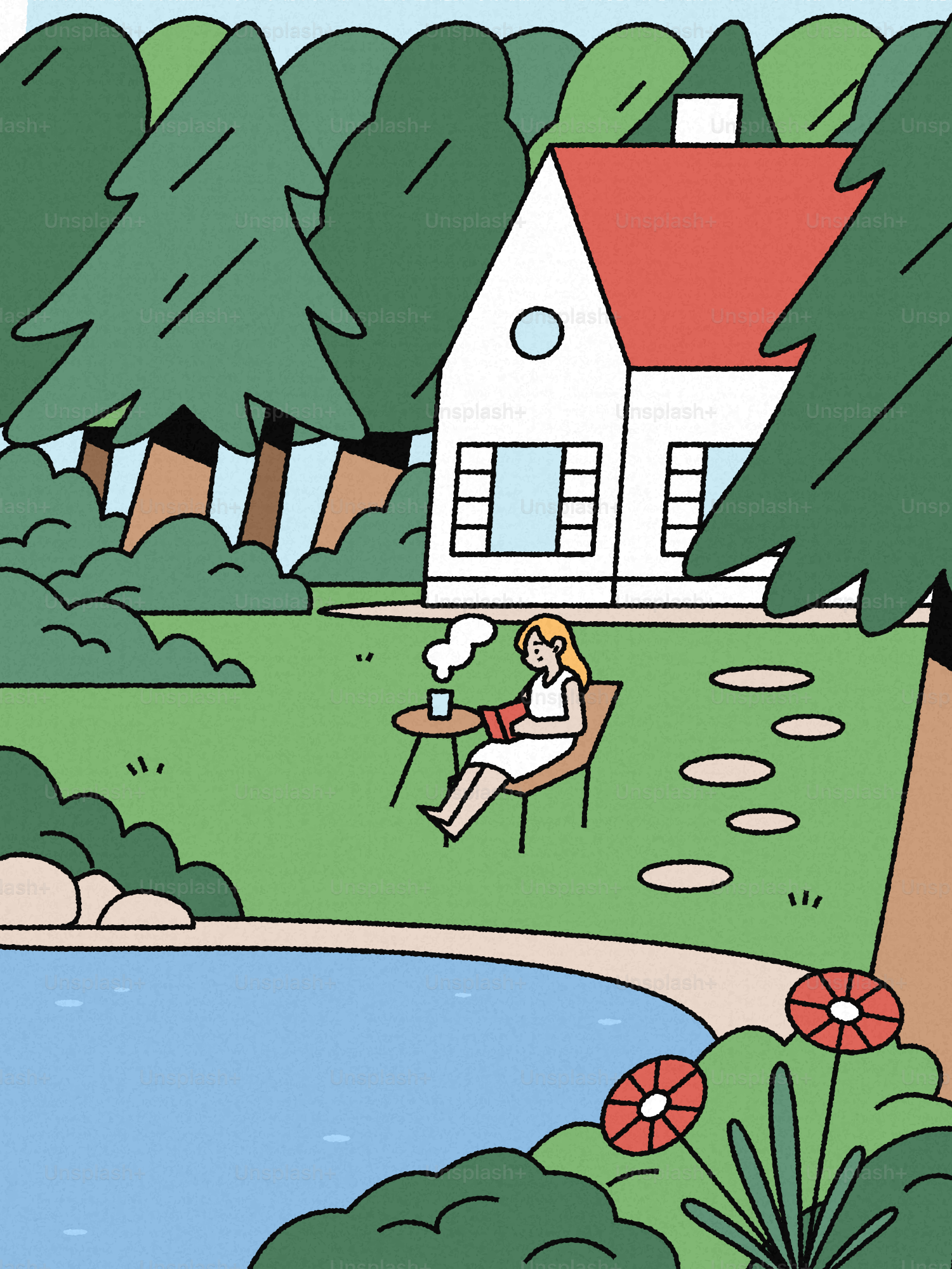 Mulher lendo livro à beira do lago no jardim