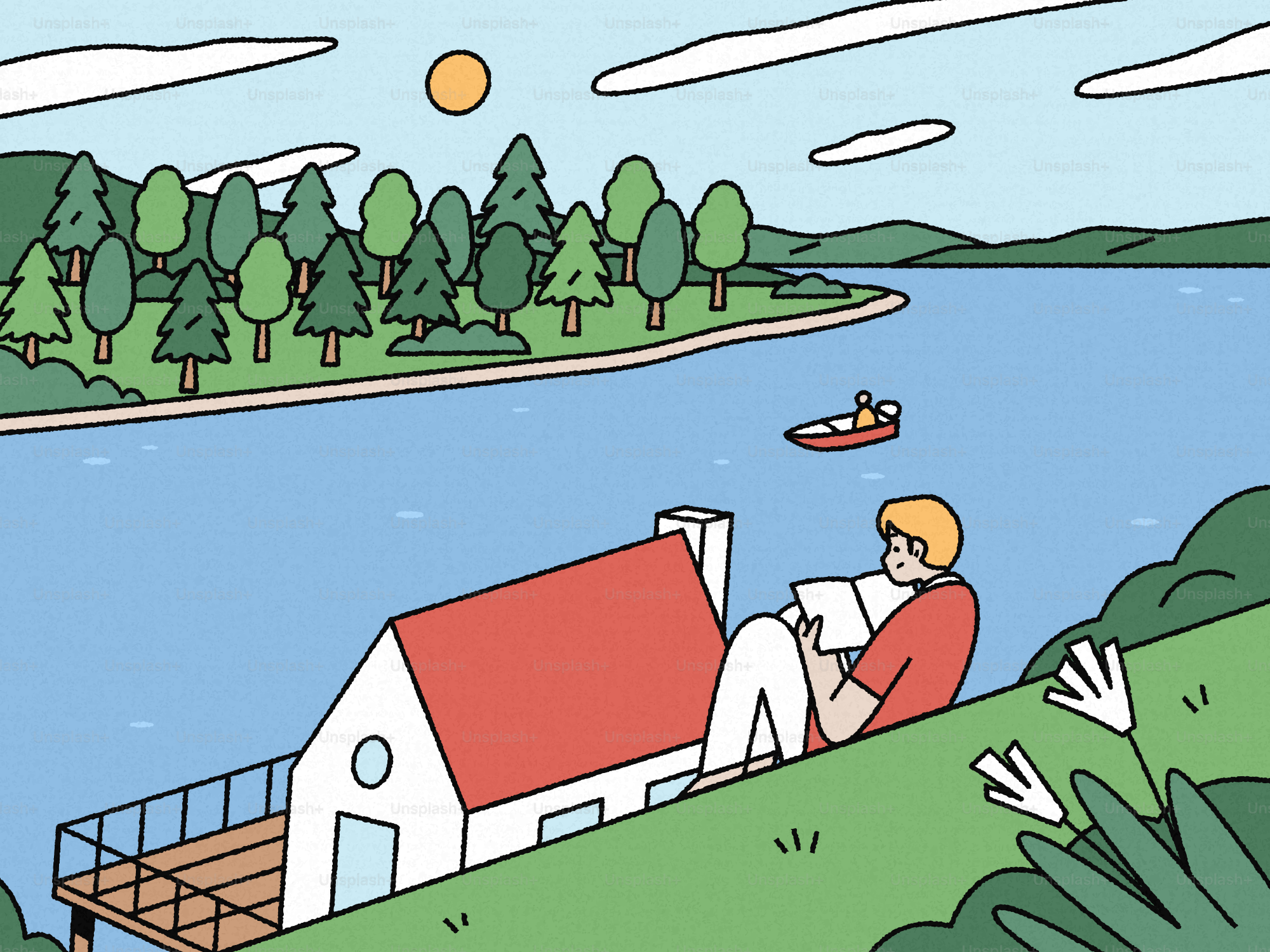 Homem lendo livro sobre a encosta com vista para o lago