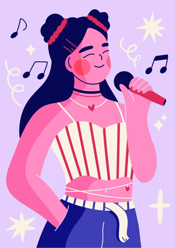 Mulher de desenho animado cantando para um microfone com notas musicais