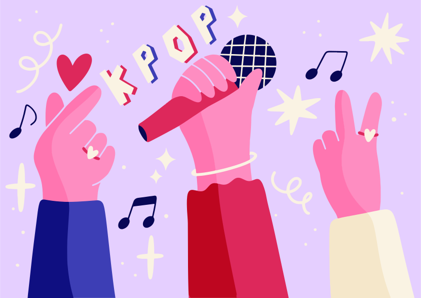 Mãos do K-pop com microfone, coração e sinais da paz
