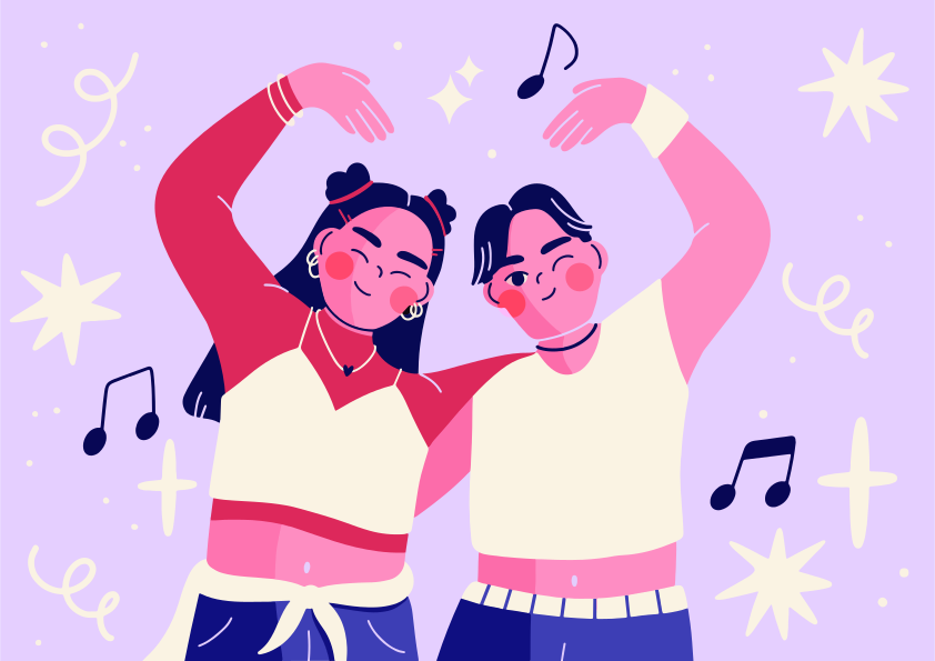 Pessoas sorridentes formando forma de coração com braços, notas musicais