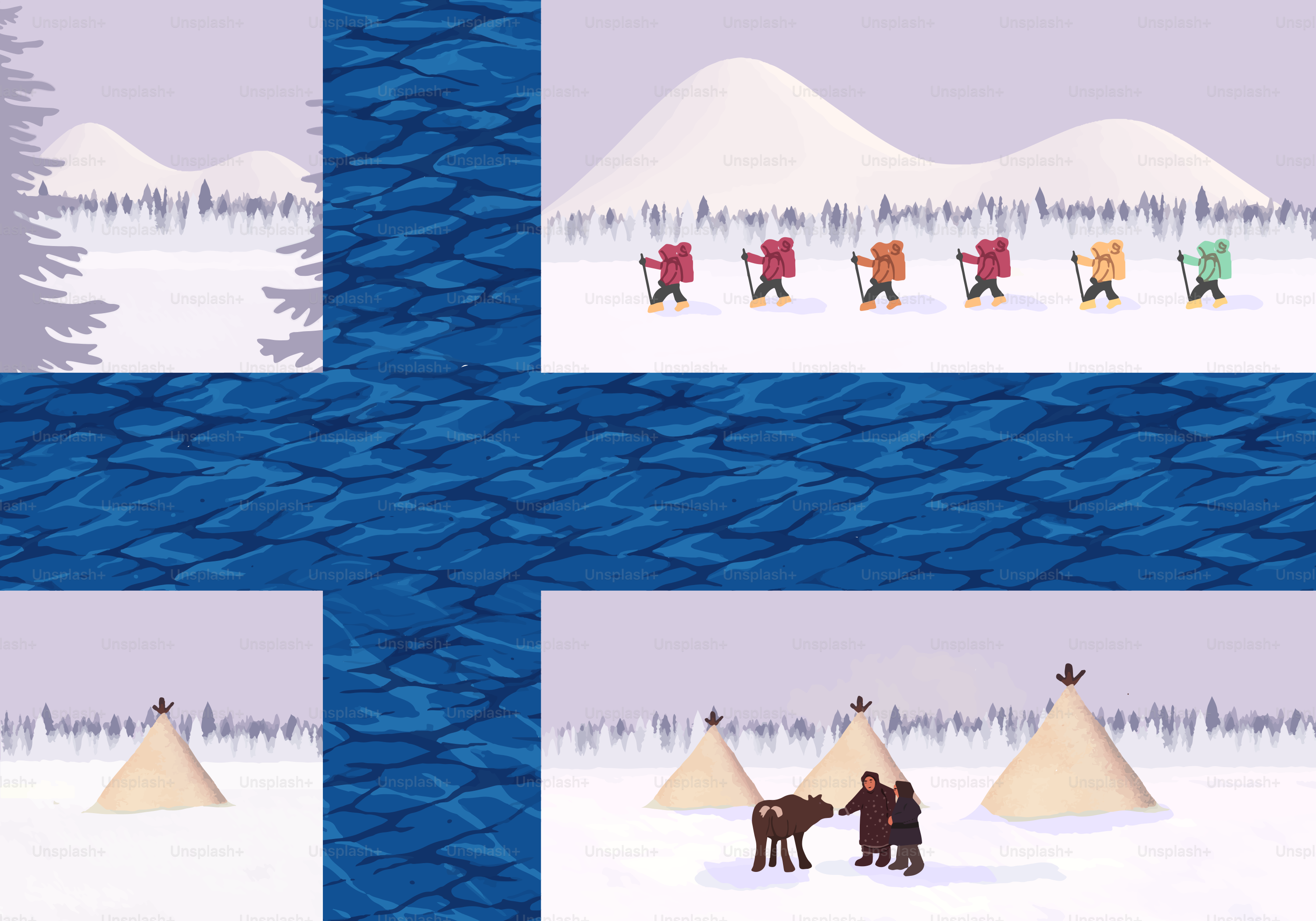 Drapeau finlandais avec des scènes hivernales de ski et de tipis