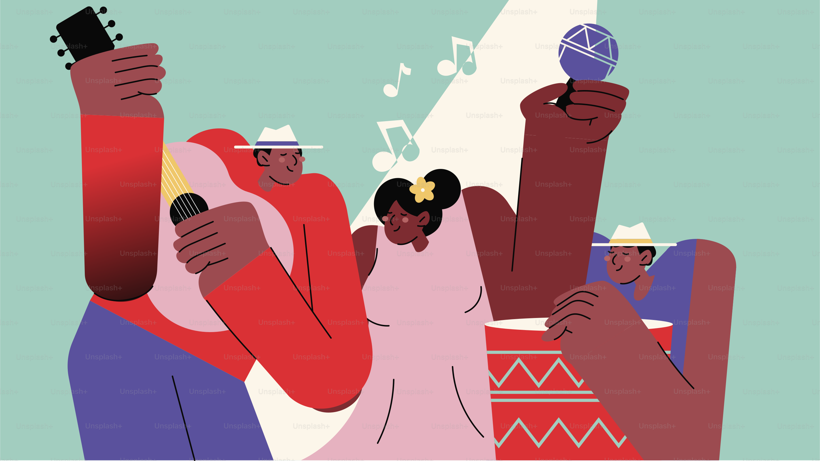 Músicos ilustrados tocando instrumentos e dançando