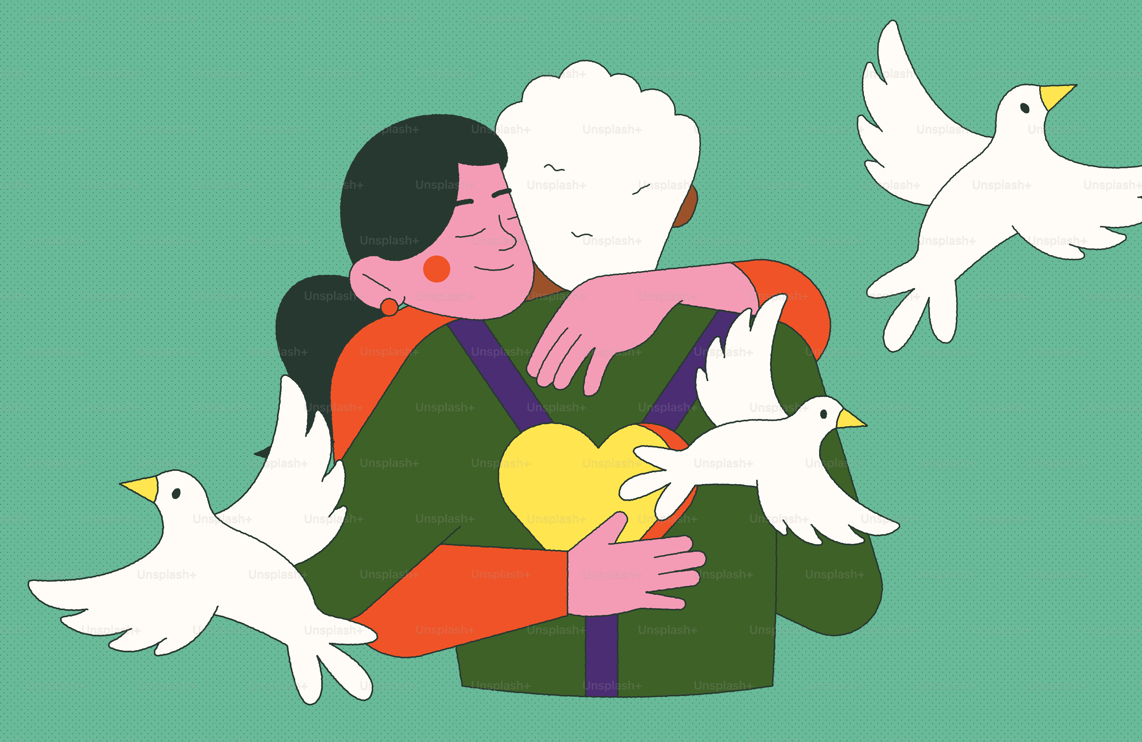 Abbracciare persone con cuore e colombe volanti