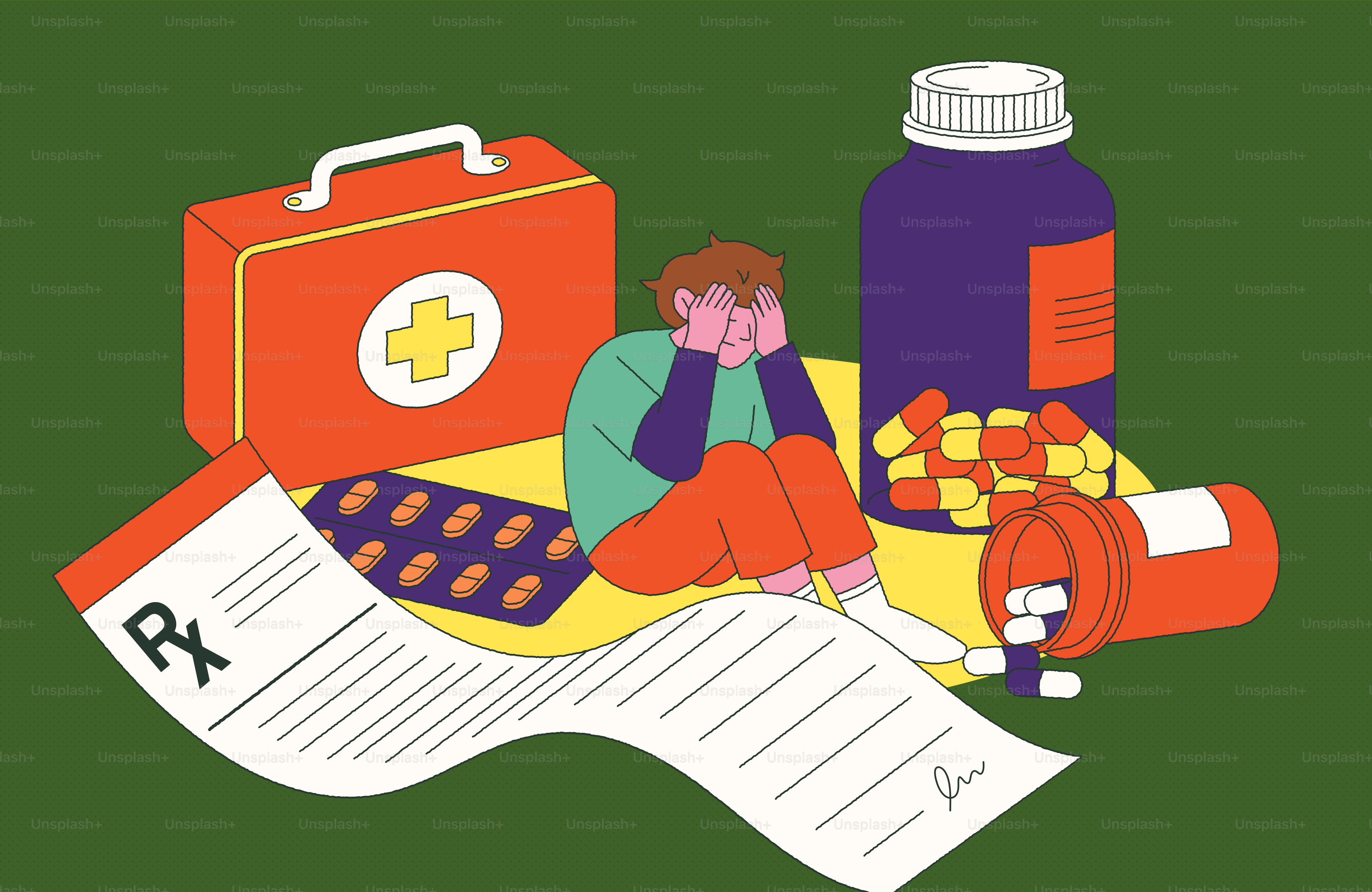 Persona in difficoltà circondata da farmaci e da una prescrizione