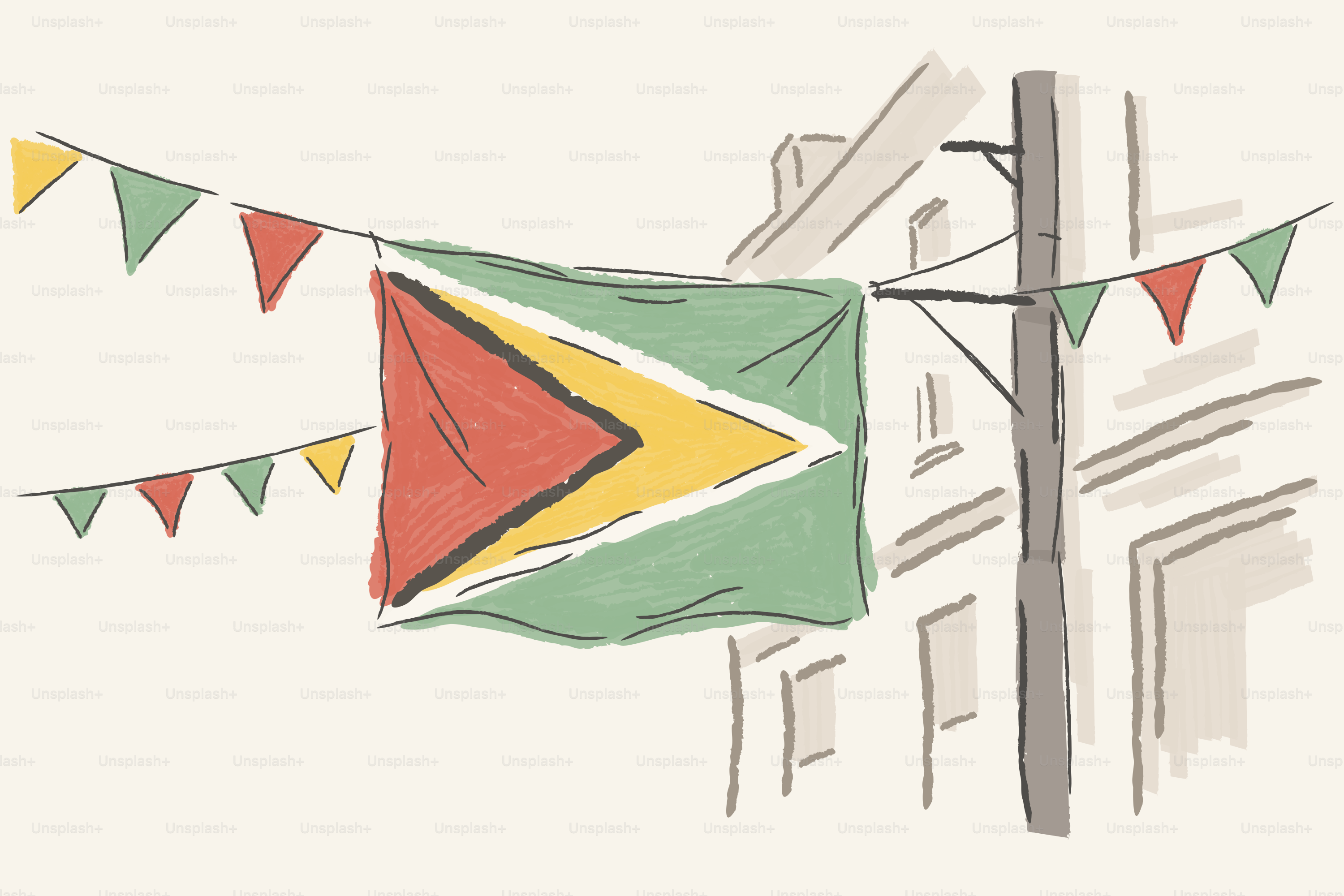 Guyana-Flagge und Flagge schmücken eine Straße