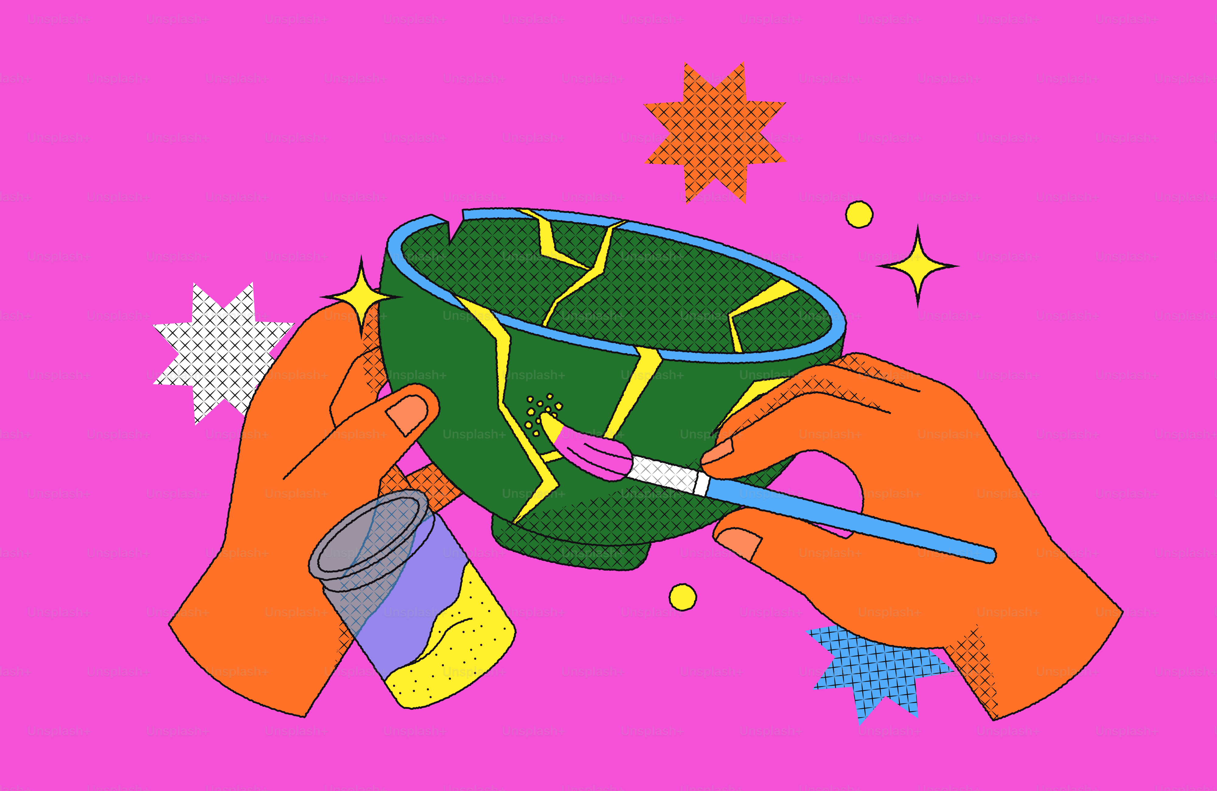 Mani che riparano una ciotola incrinata usando il kintsugi