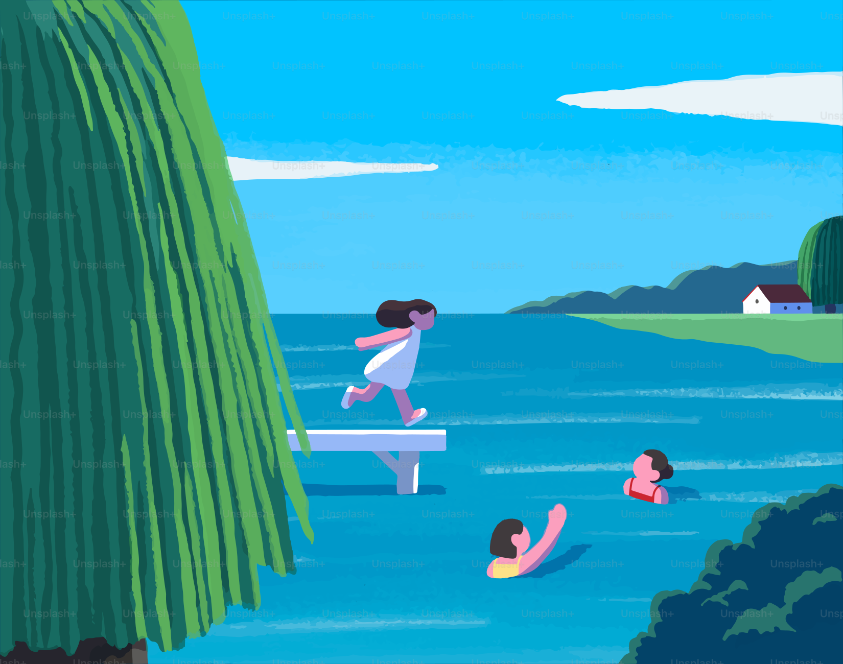Anak-anak melompat dan berenang di danau