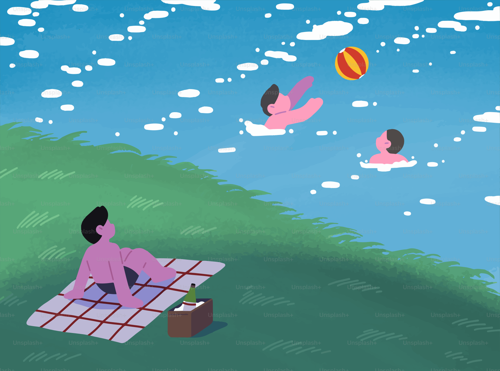 Orang-orang berenang dan bersantai di tepi berumput