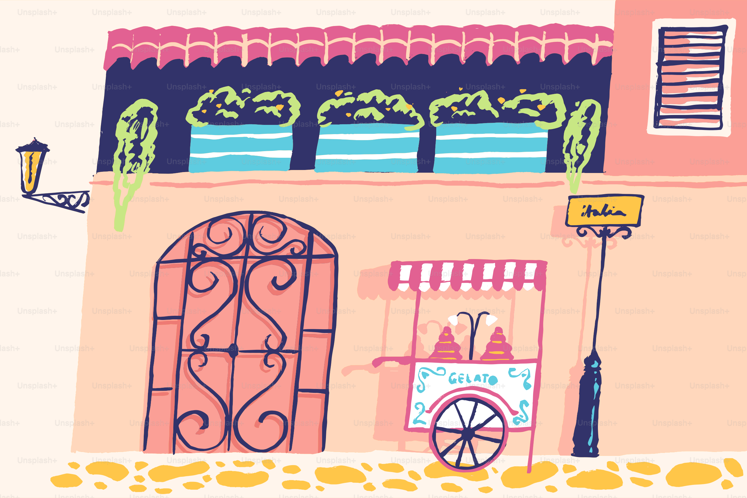 Affascinante scena di strada europea con un carrello di gelato