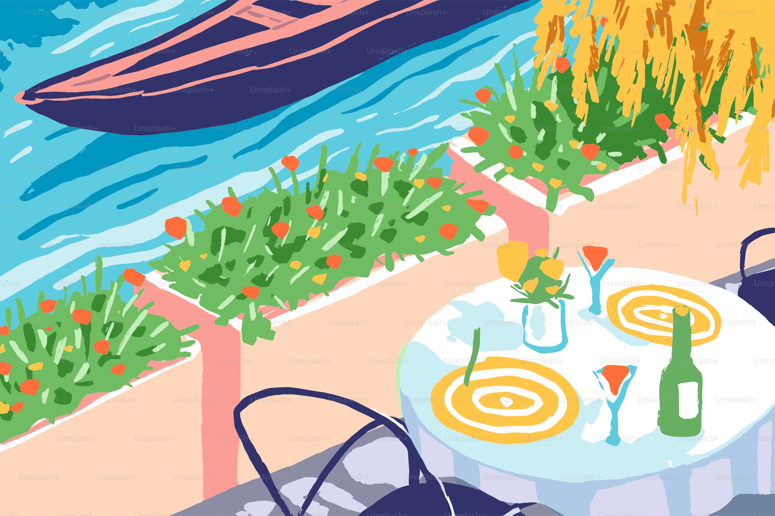 Illustrazione della terrazza europea estiva con tavolo, fiori, barca