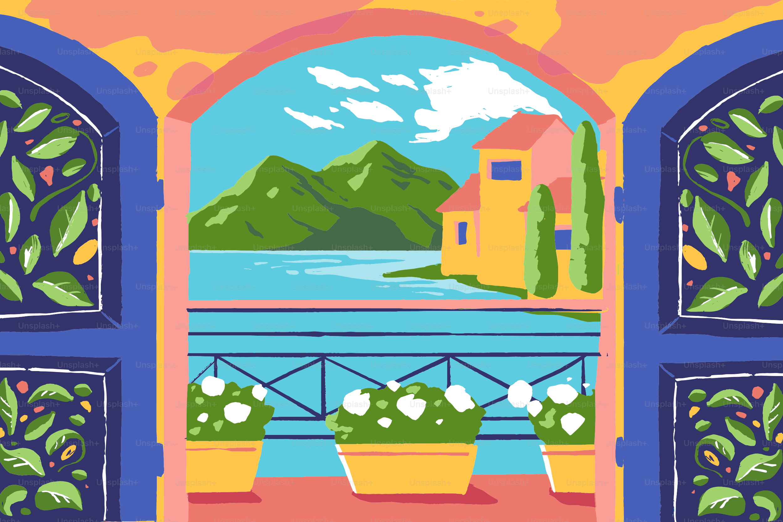 Arco mediterraneo che domina il lago, le montagne e la villa