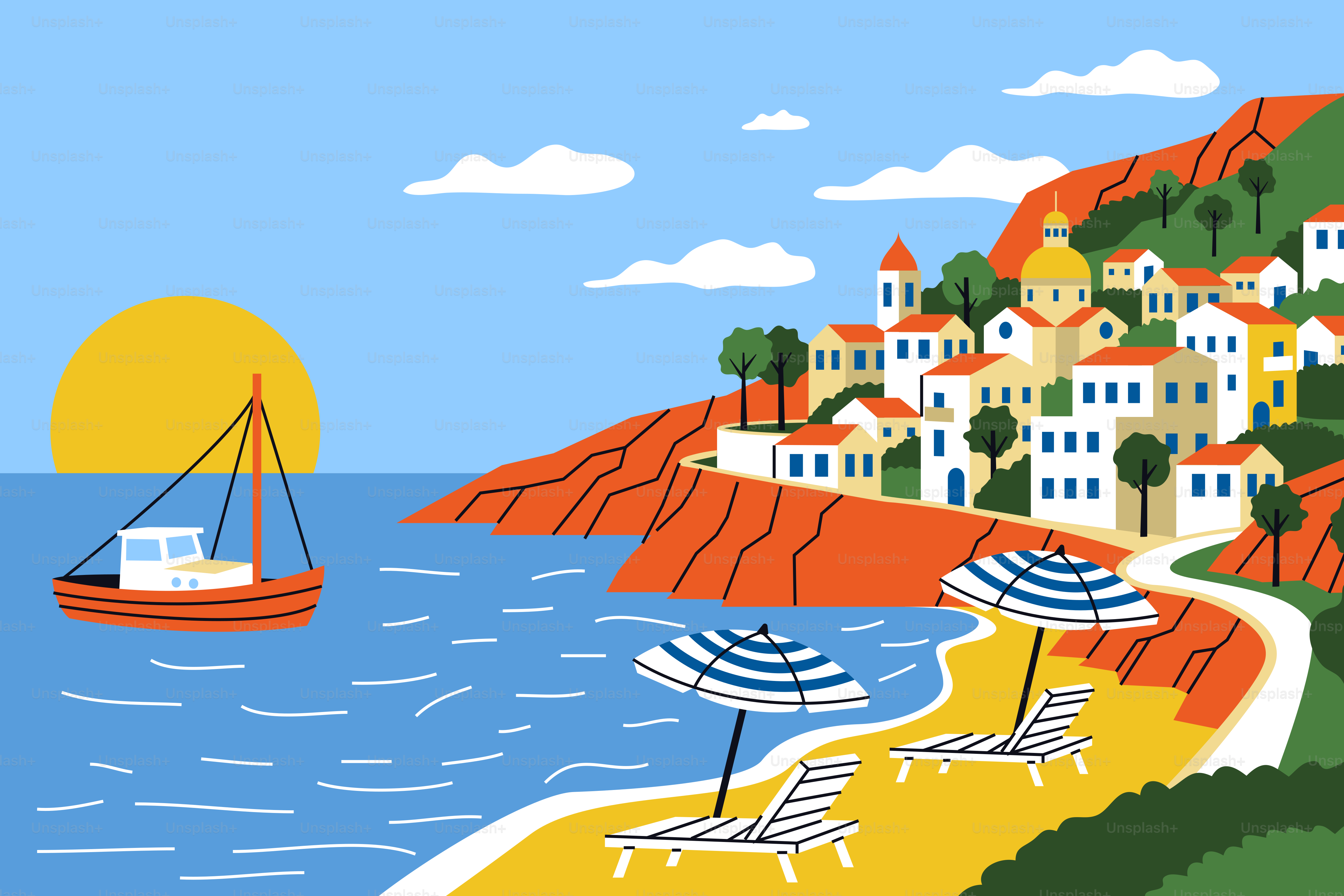 Illustrated mediterranean coastal town at sunset