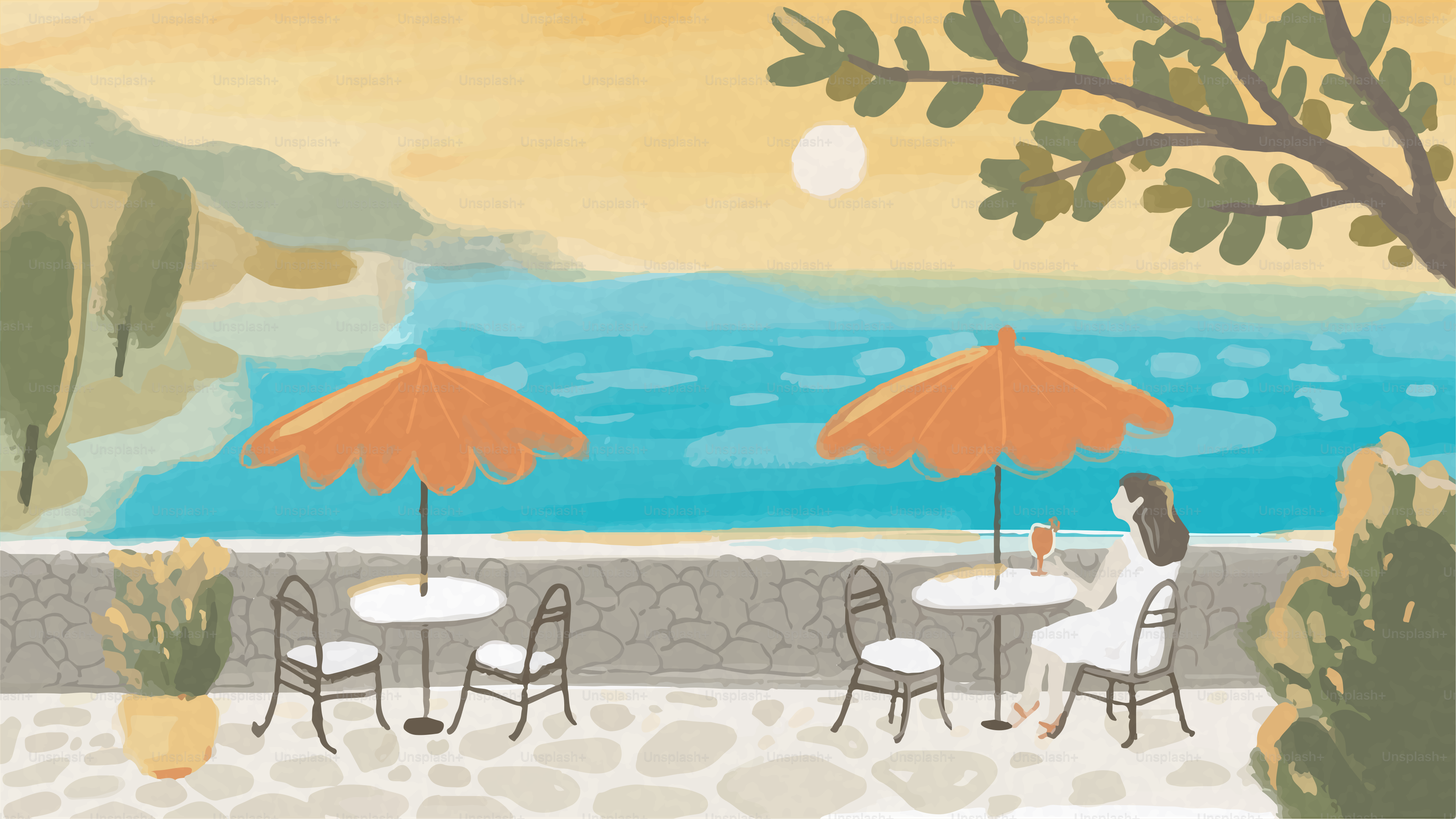 Mujer disfrutando del aperitivo en la terraza junto al mar al atardecer