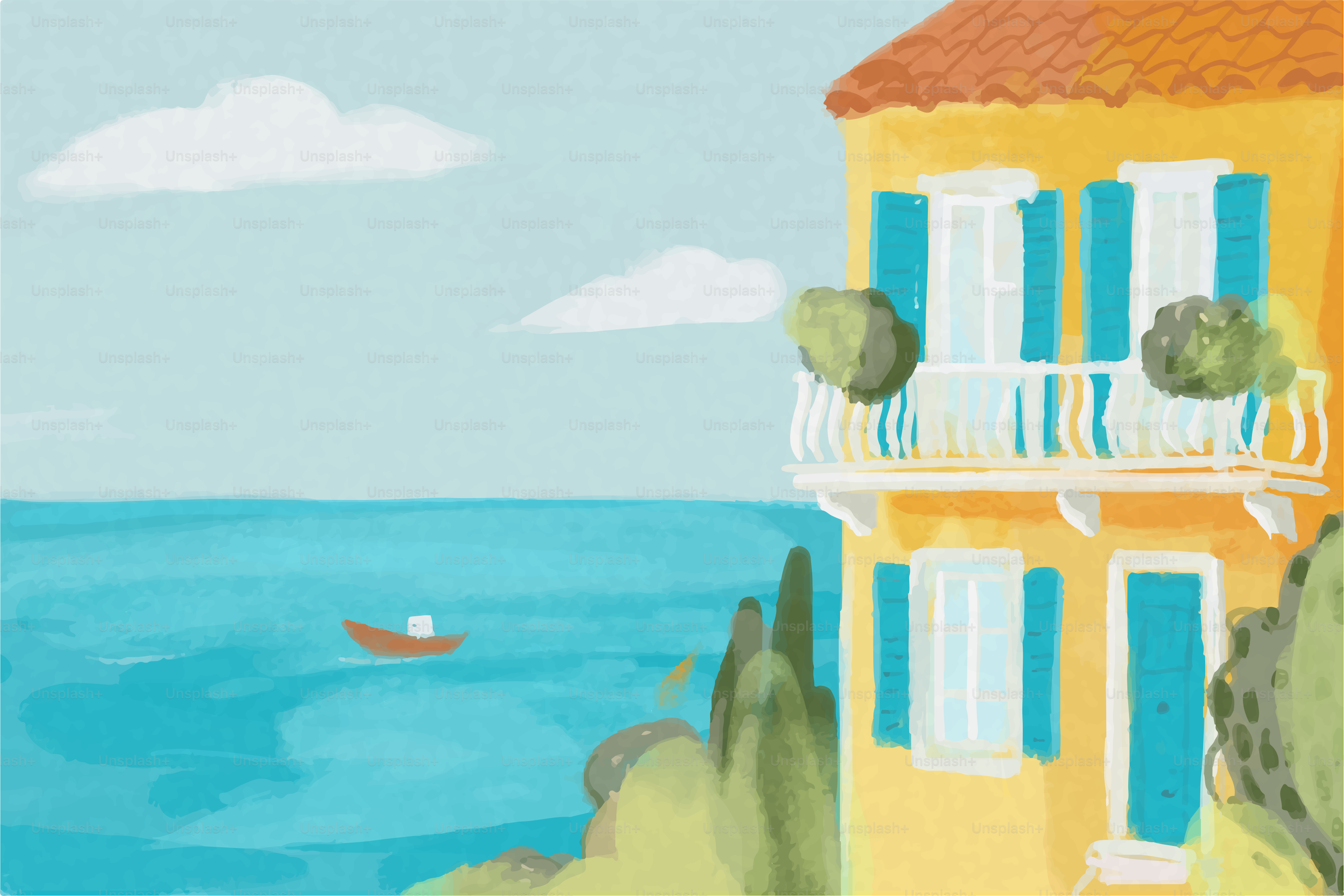 Casa costera amarilla con vistas al mar azul y una pequeña embarcación