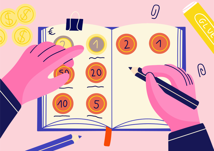 Mãos organizando moedas de euro em um livro de coleção