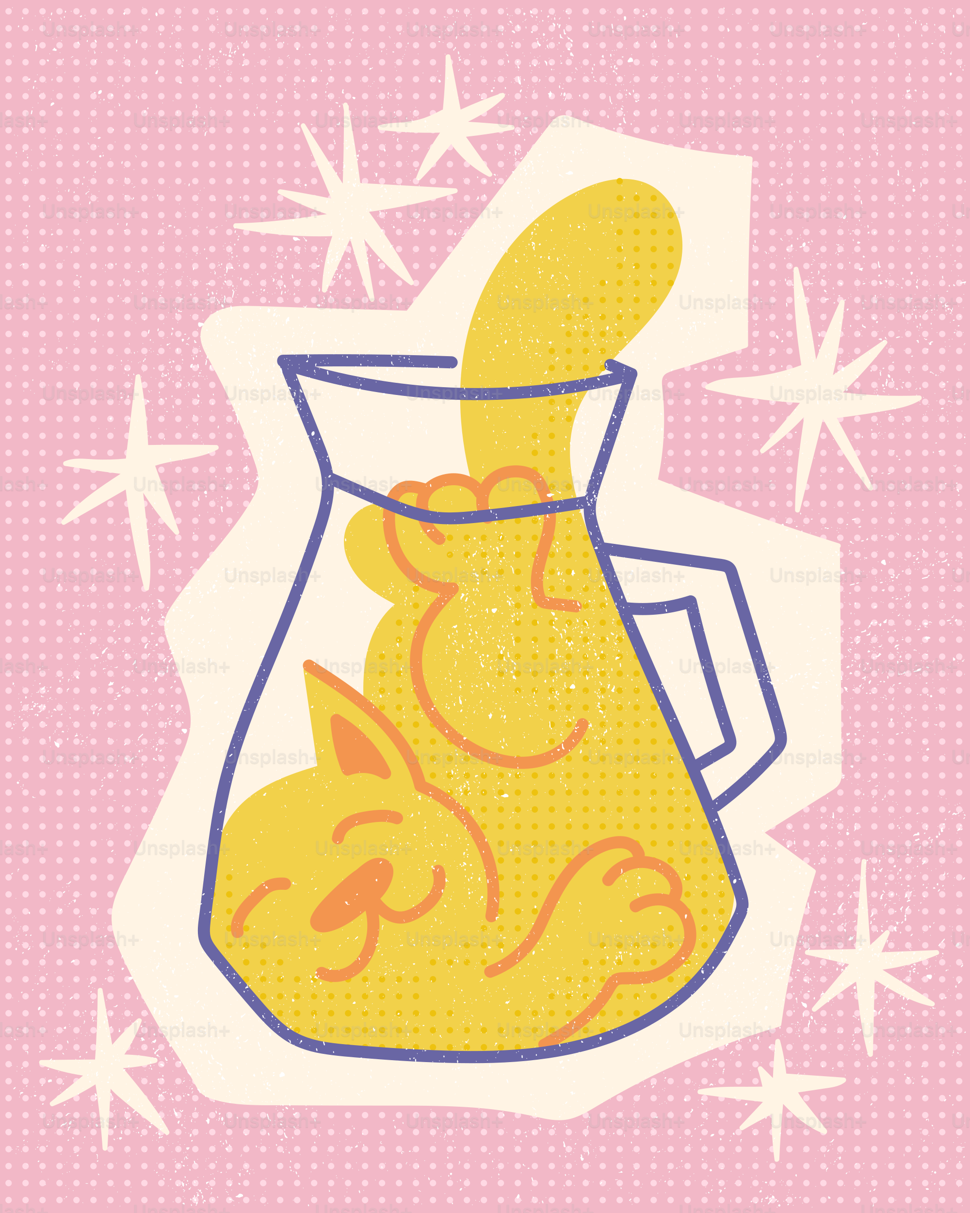 Gelbe Katze im Krug, Retro-Halbton-Illustration mit Sternen