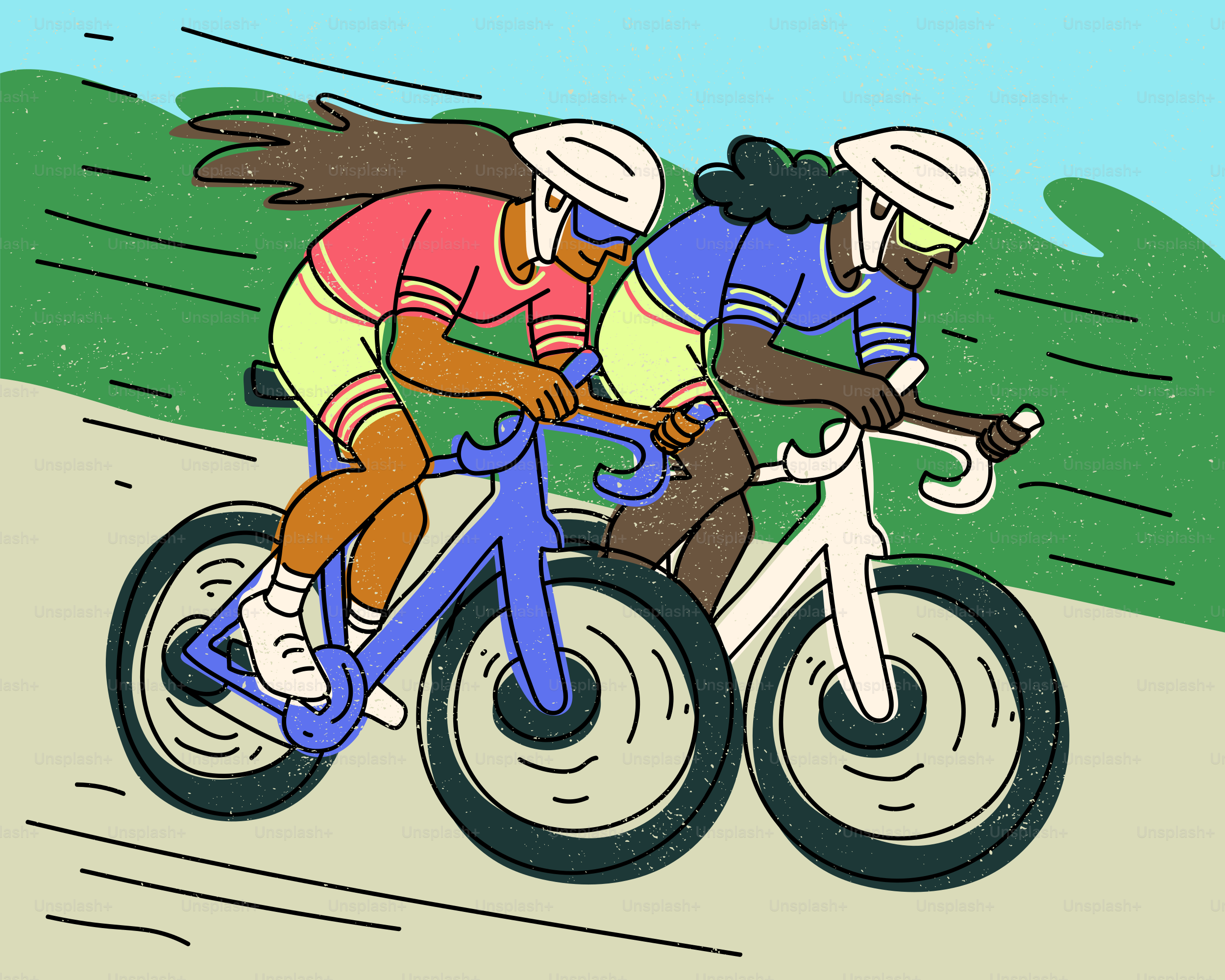 Professional cyclists sprinting side by side during a race