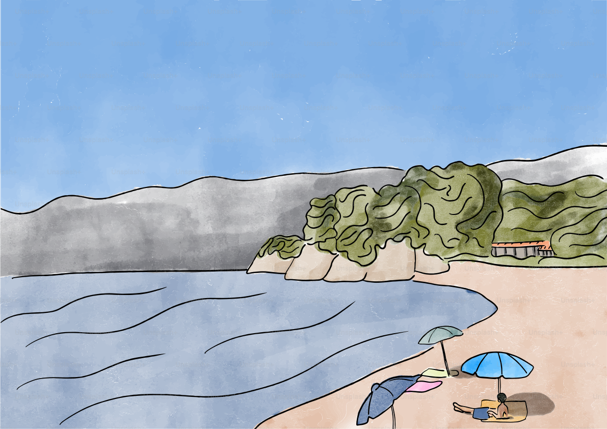 Escena de playa en acuarela con acantilados y sombrillas