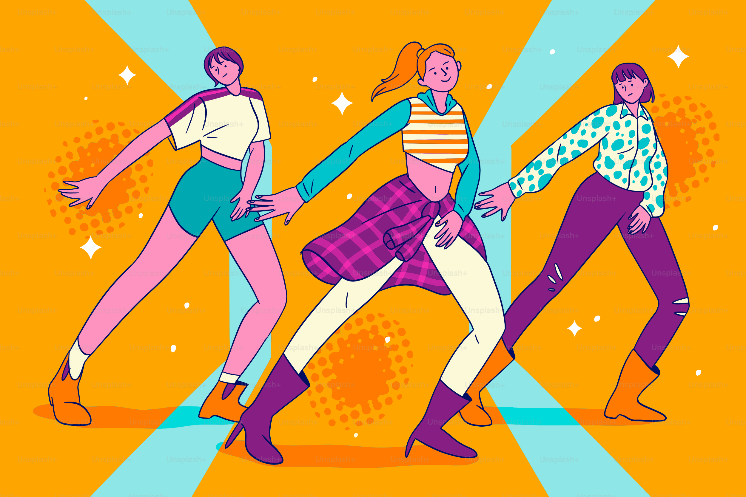 Gruppo femminile colorato che balla con pose dinamiche