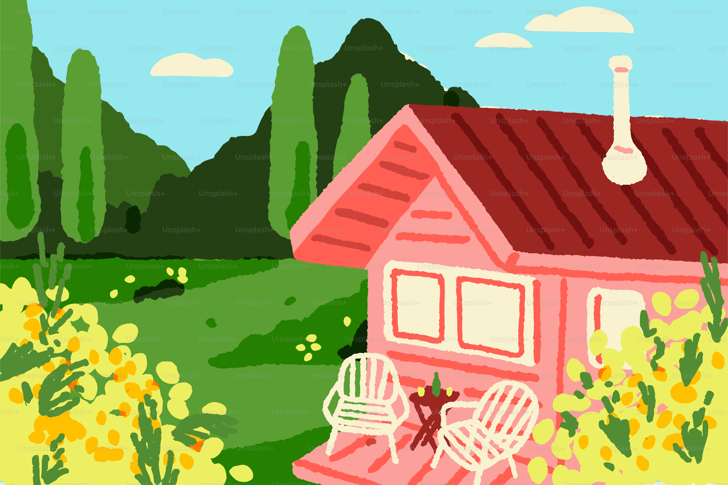Cottage rose douillet entouré de fleurs jaunes