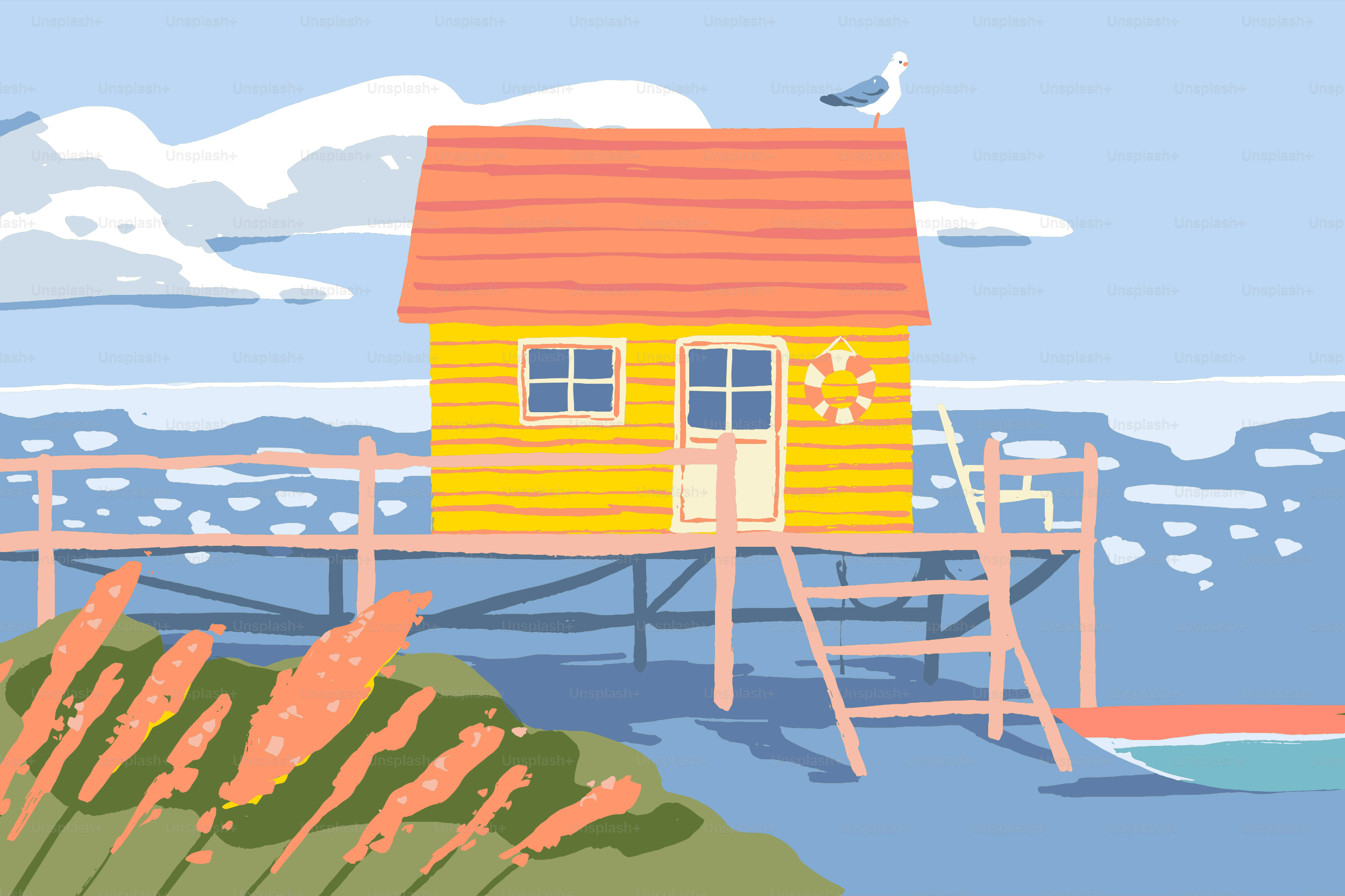 Yellow lake house on stilts with boat and seagull
