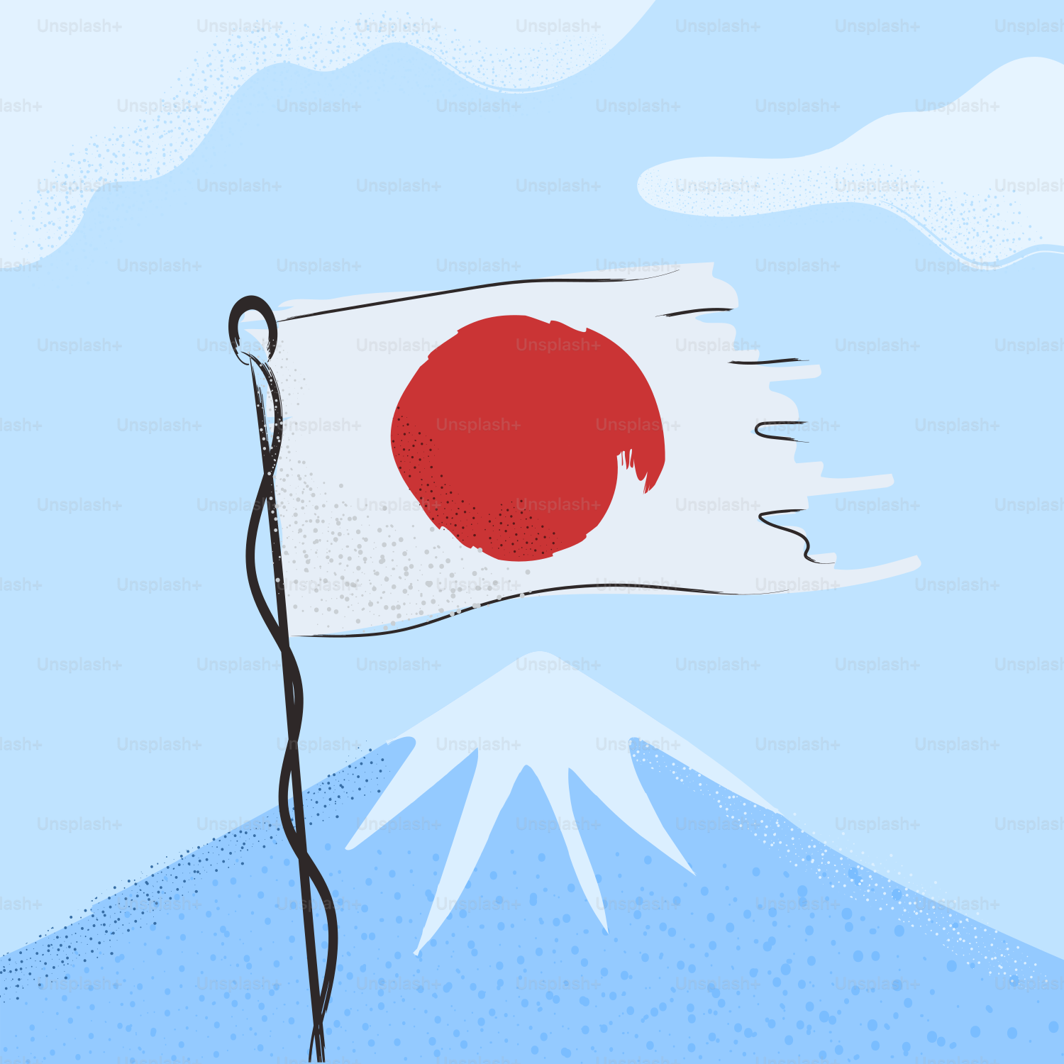 Bandiera giapponese strappata che sventola sopra il Monte Fuji