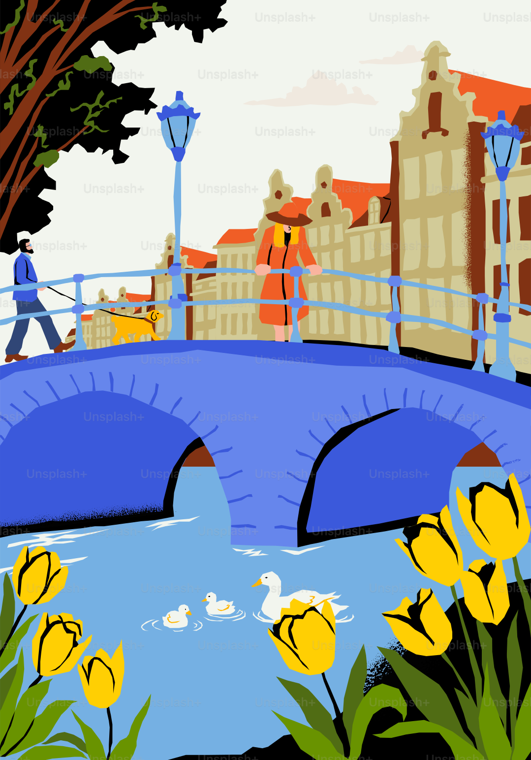 Dutch canal scene with bridge, tulips, and ducks