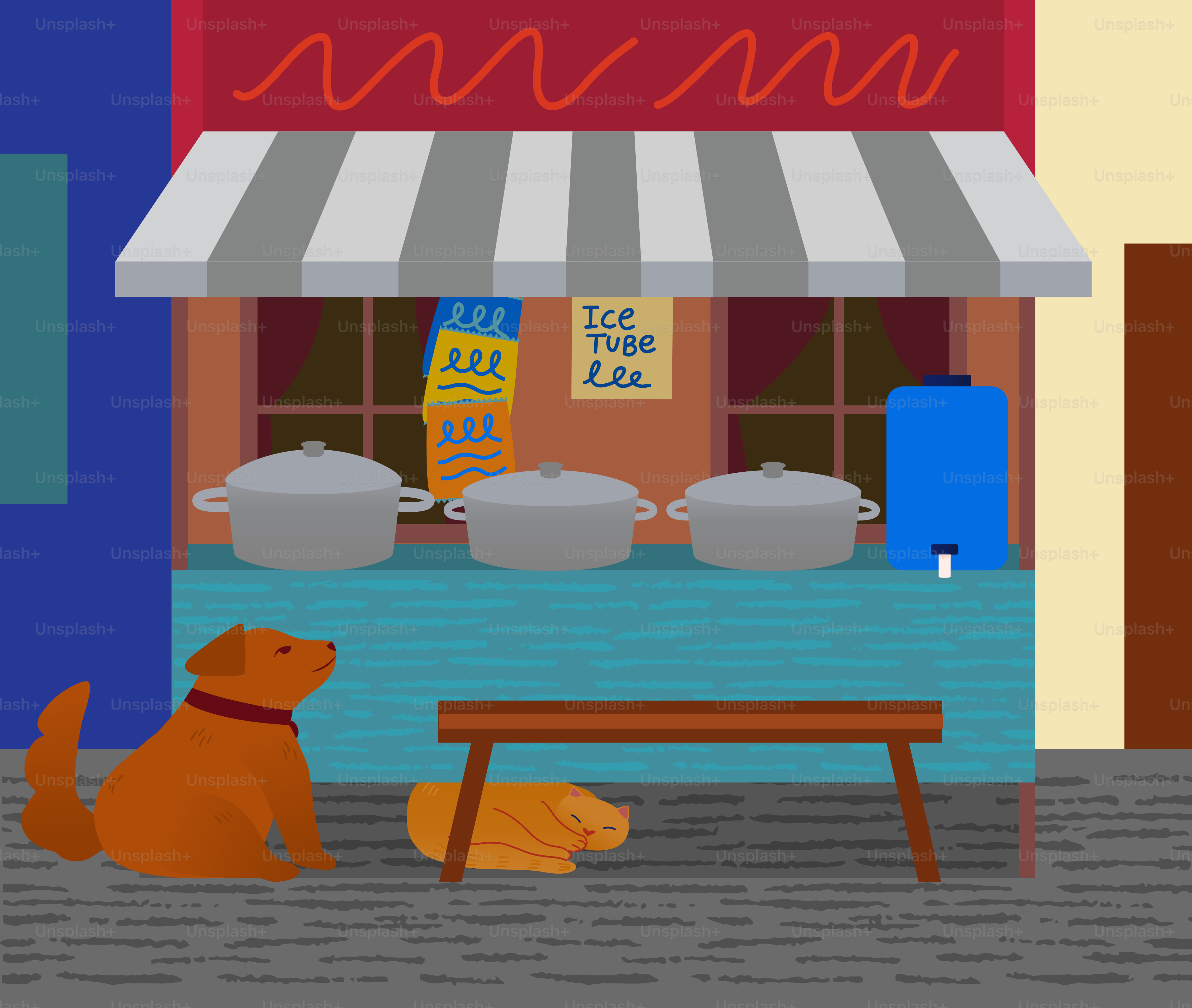Box de rue avec des pots et deux chiens