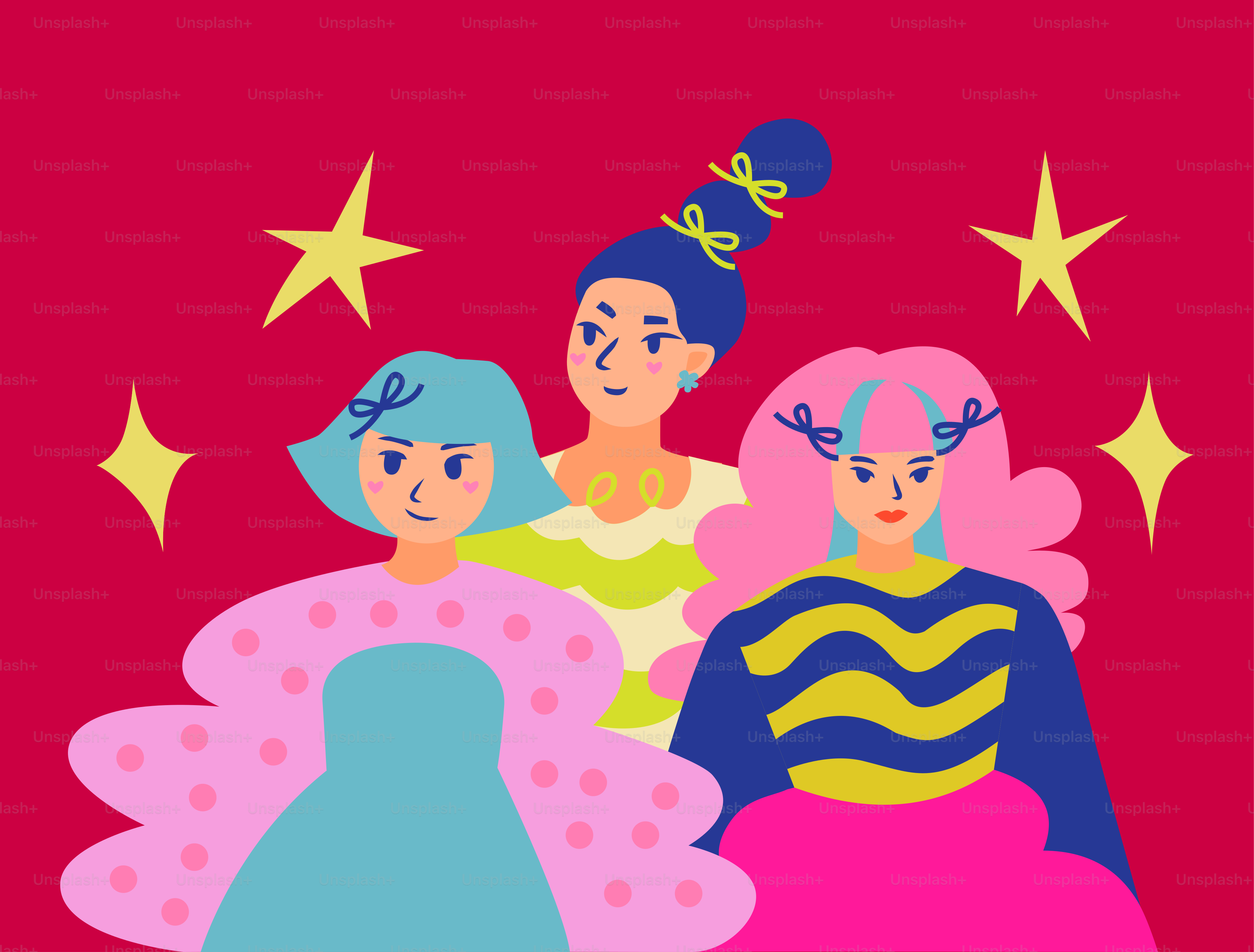 Trois femmes stylisées aux cheveux colorés et aux étoiles