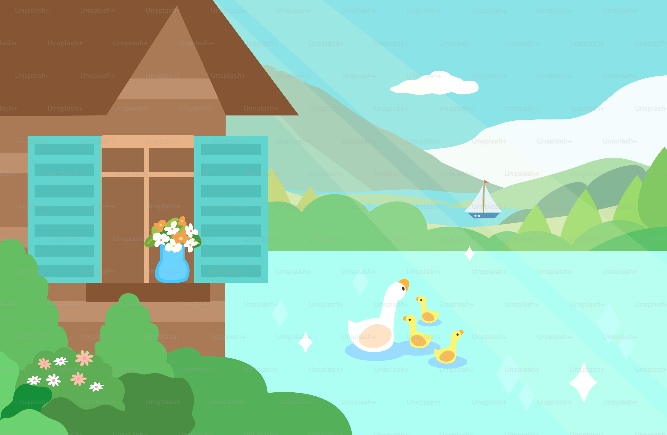 Des oies et des oiseaux nageant dans le lac près de la maison, du voilier.