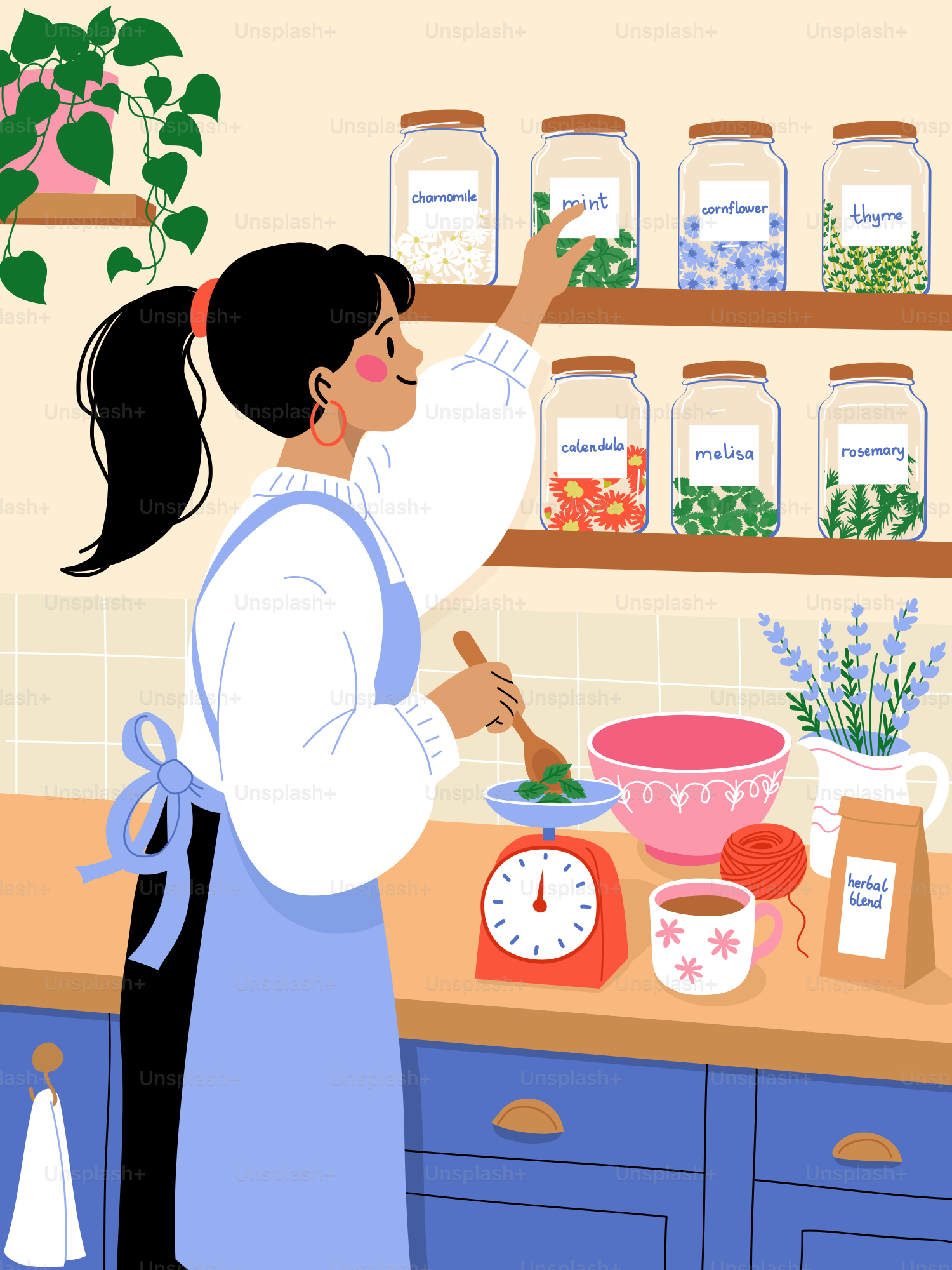 Femme qui mélange des tisanes dans une cuisine