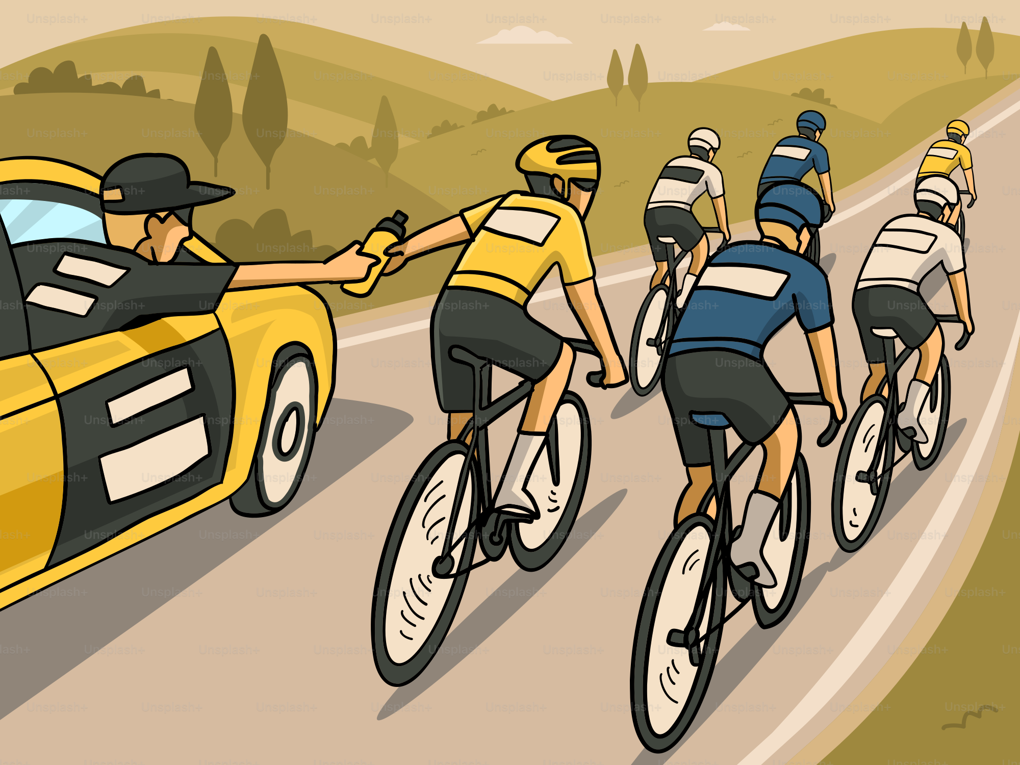 Ciclistas recebendo água do carro da equipe durante a corrida