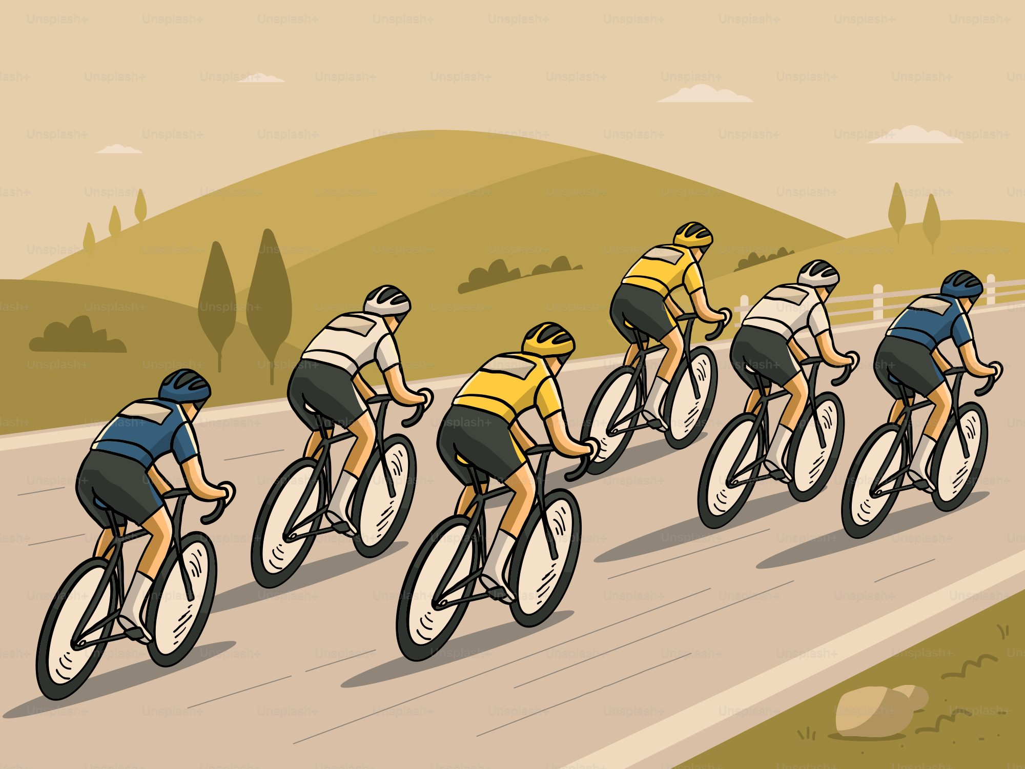 Cyclists racing in a peloton on a scenic road