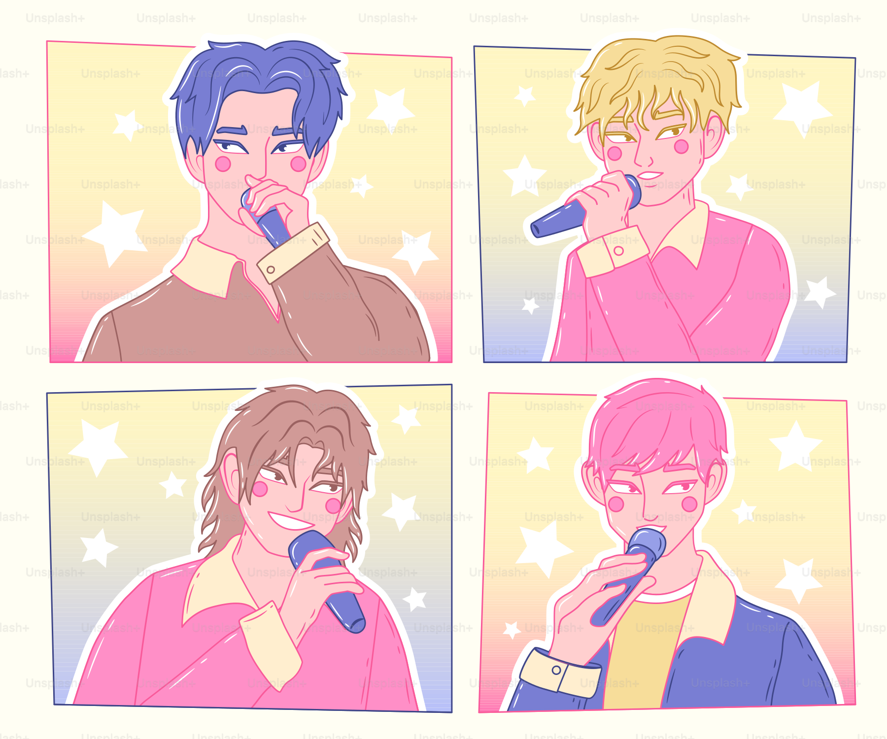 Ilustraciones de ídolos del K-pop con micrófonos y estrellas pastel