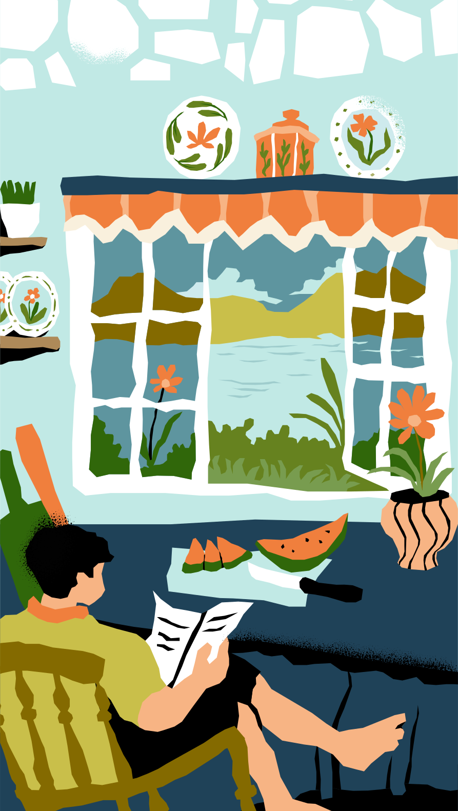 Man reading with watermelon in lake cottage