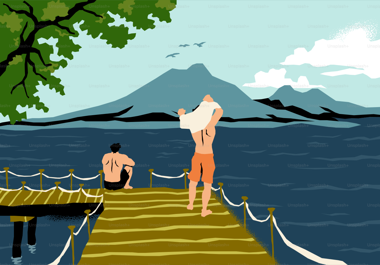 Men relaxing on dock at cottage lake