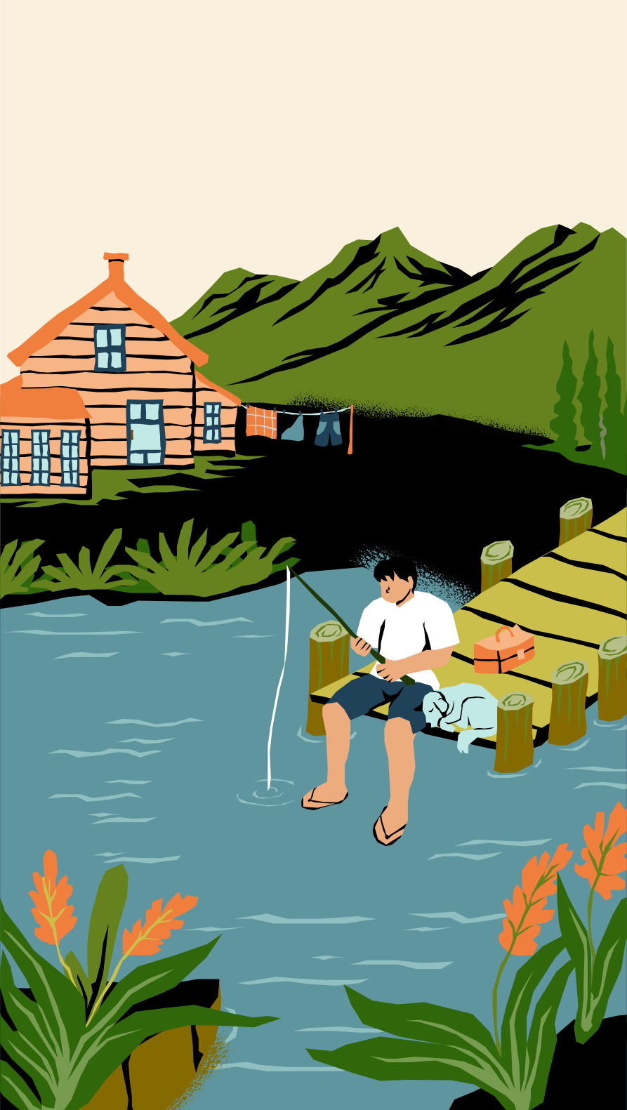 Man fishing with dog at cottage lake