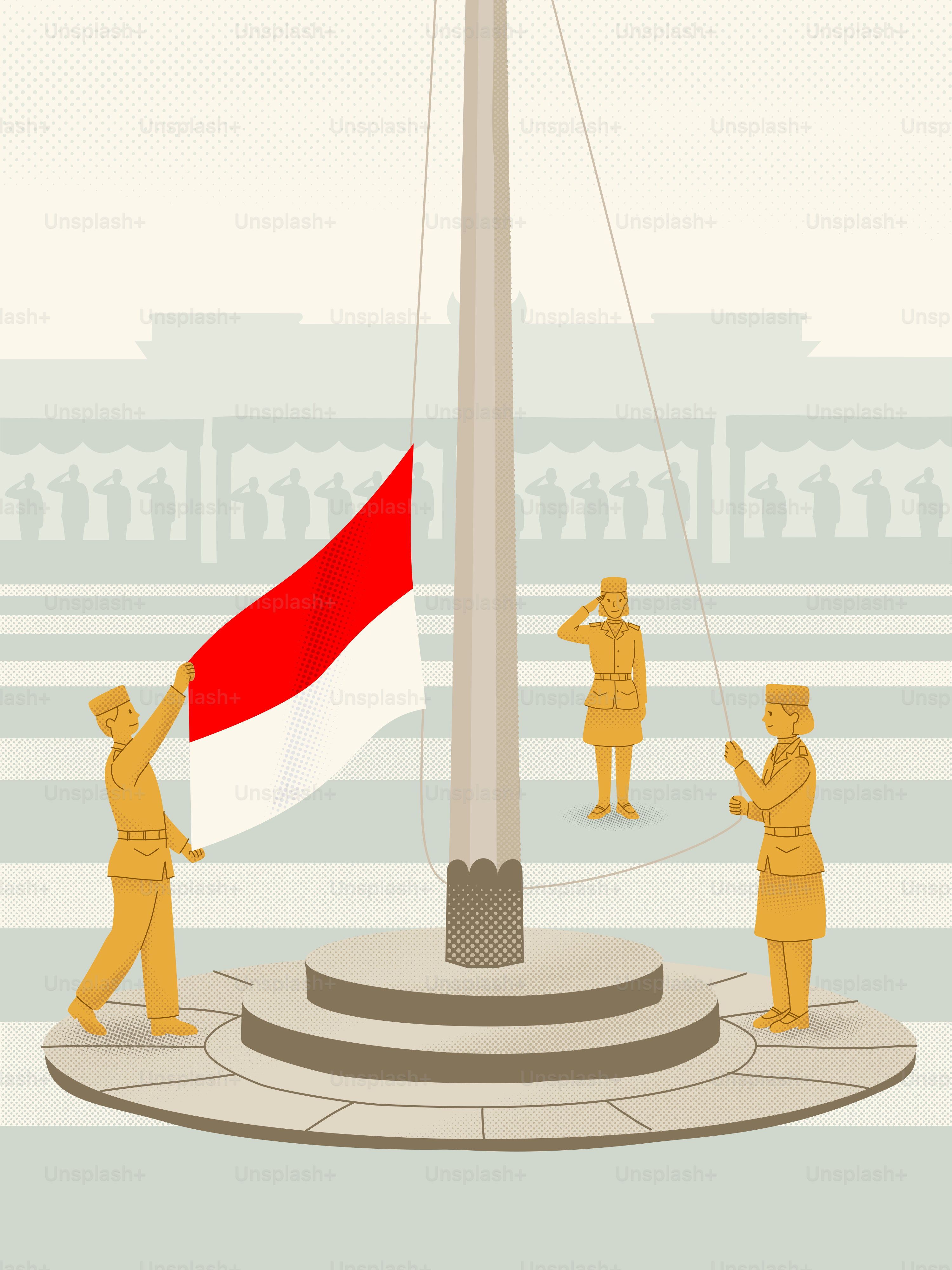 Uniformierte Figuren hissen die indonesische Flagge in einer formellen Zeremonie