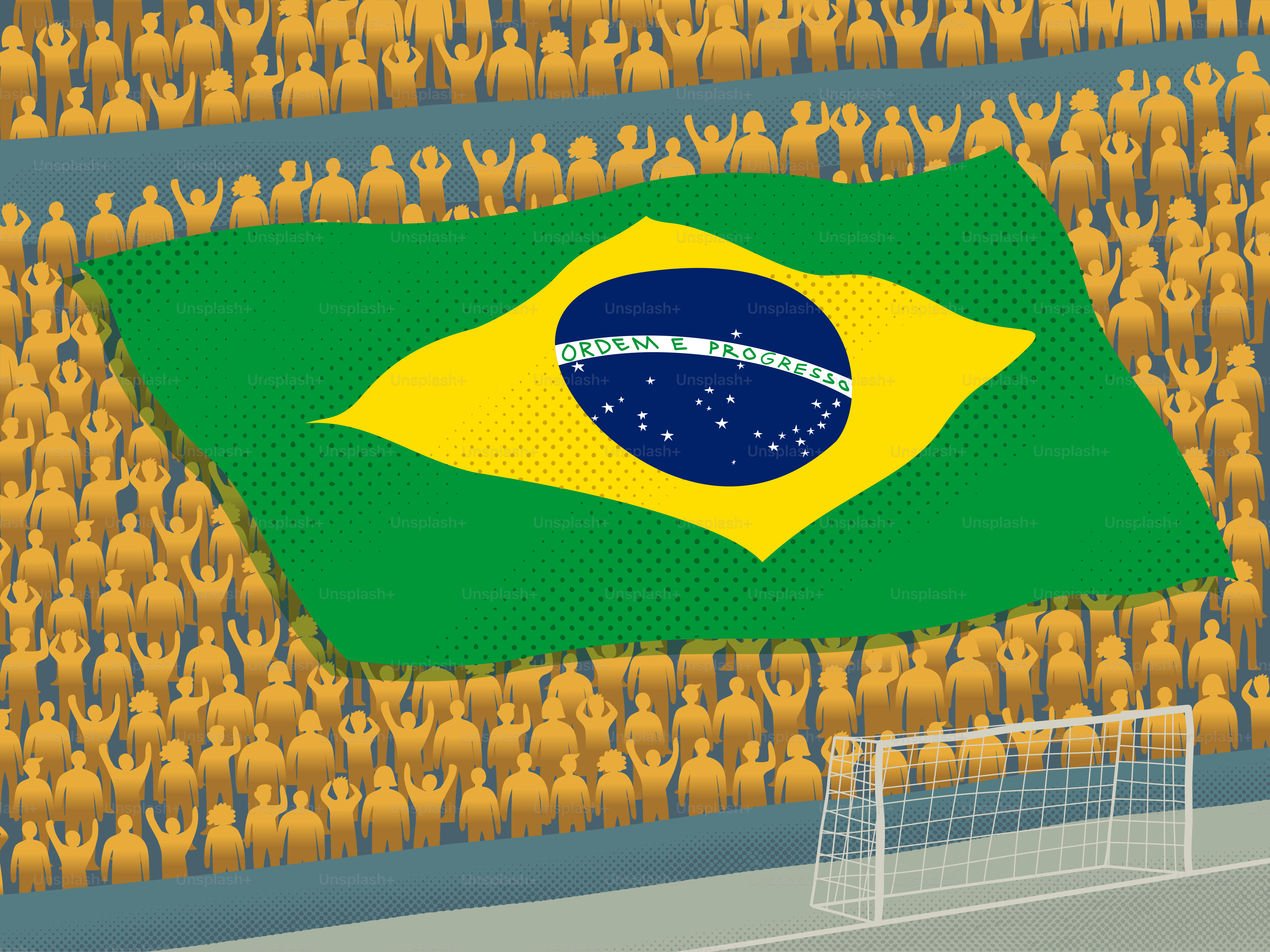 混雑したスタジアムの観客席に手描きのブラジル国旗