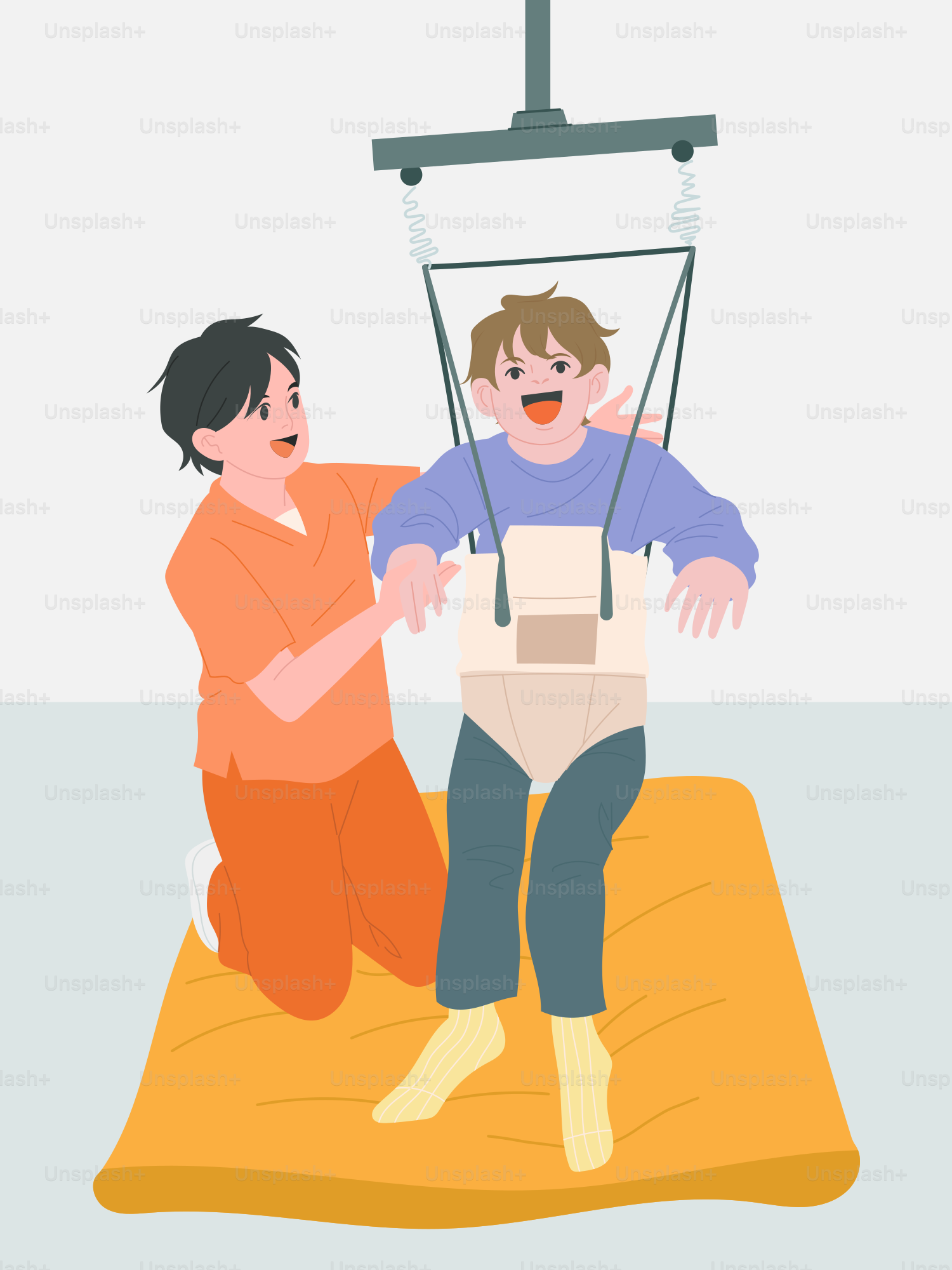 어른이 서스펜션 하네스를 착용한 채 아이를 걷도록 돕는 모습