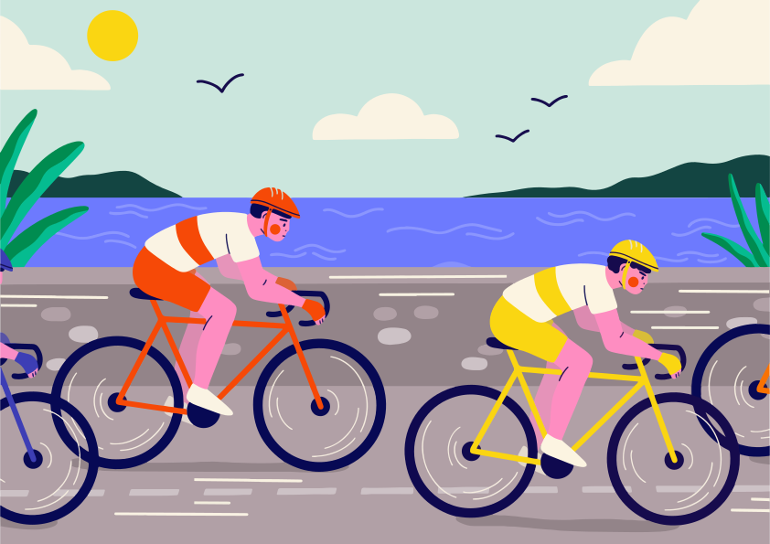 Ciclistas pedalando por estradas costeiras com o oceano