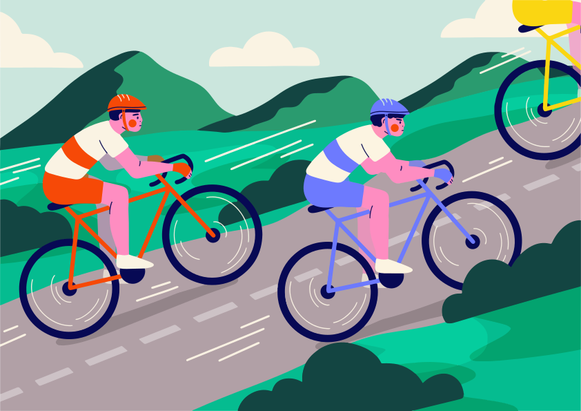 Três ciclistas subindo colinas por colinas verdes
