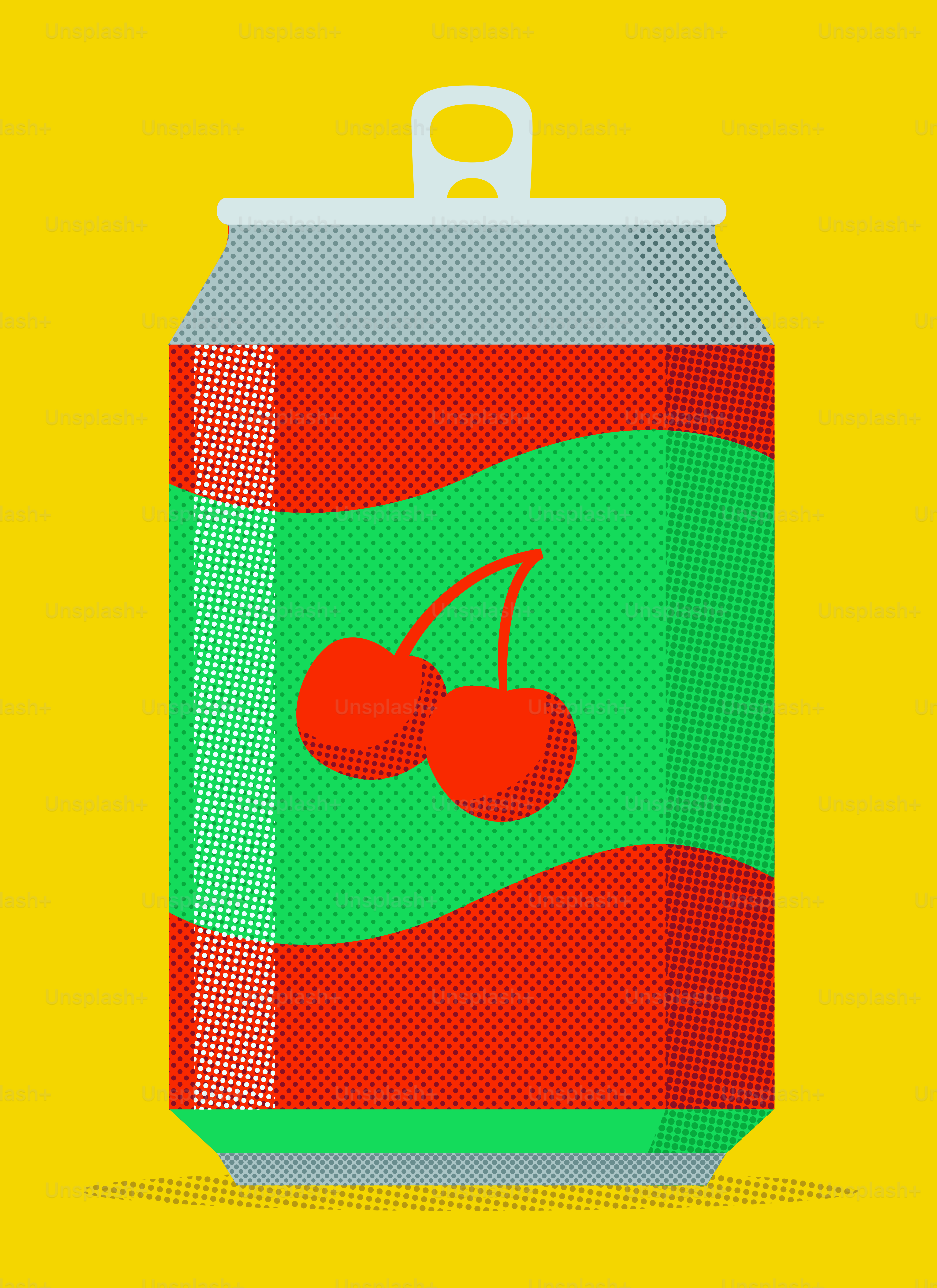 Lata de refresco de cereza pop art sobre fondo amarillo vibrante